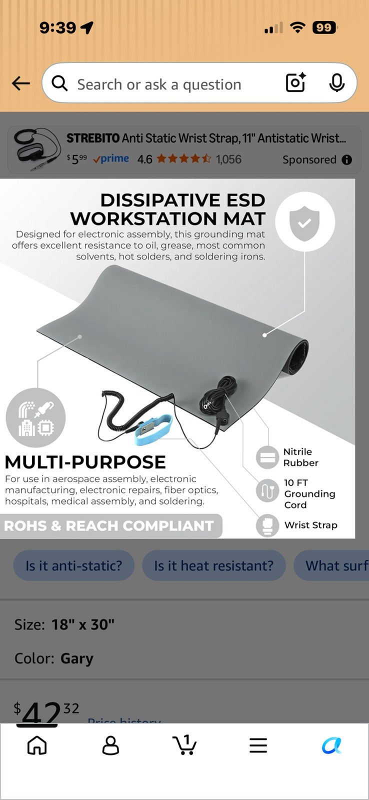 Complete ESD Mat Kit: 2.5ft x 4ft Anti-Static Mat, Cord & Wrist Strap in Gray