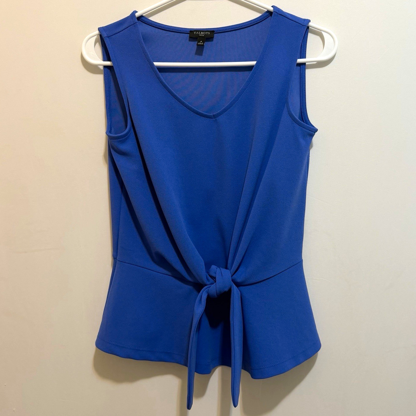 Talbots Women’s Petite P Blue Solid Knit V-Neck Sleeveless Wrap Tie Top