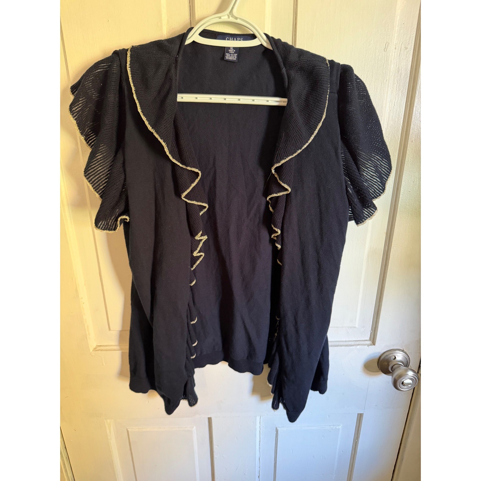 Chaps Womens XL Navy Blue Ruffle Open Front Cardigan Gold Trim Short Sleeve Chaps Womens XL Navy Blue Ruffle Open Front Cardigan Gold Trim Short Sleeve