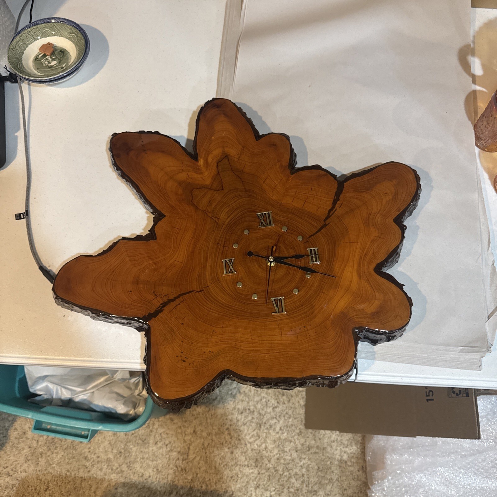 Vtg works Live Edge Wall Clock Wood Tree Slab 21”x19” Epoxy Coated Cypress 1970s