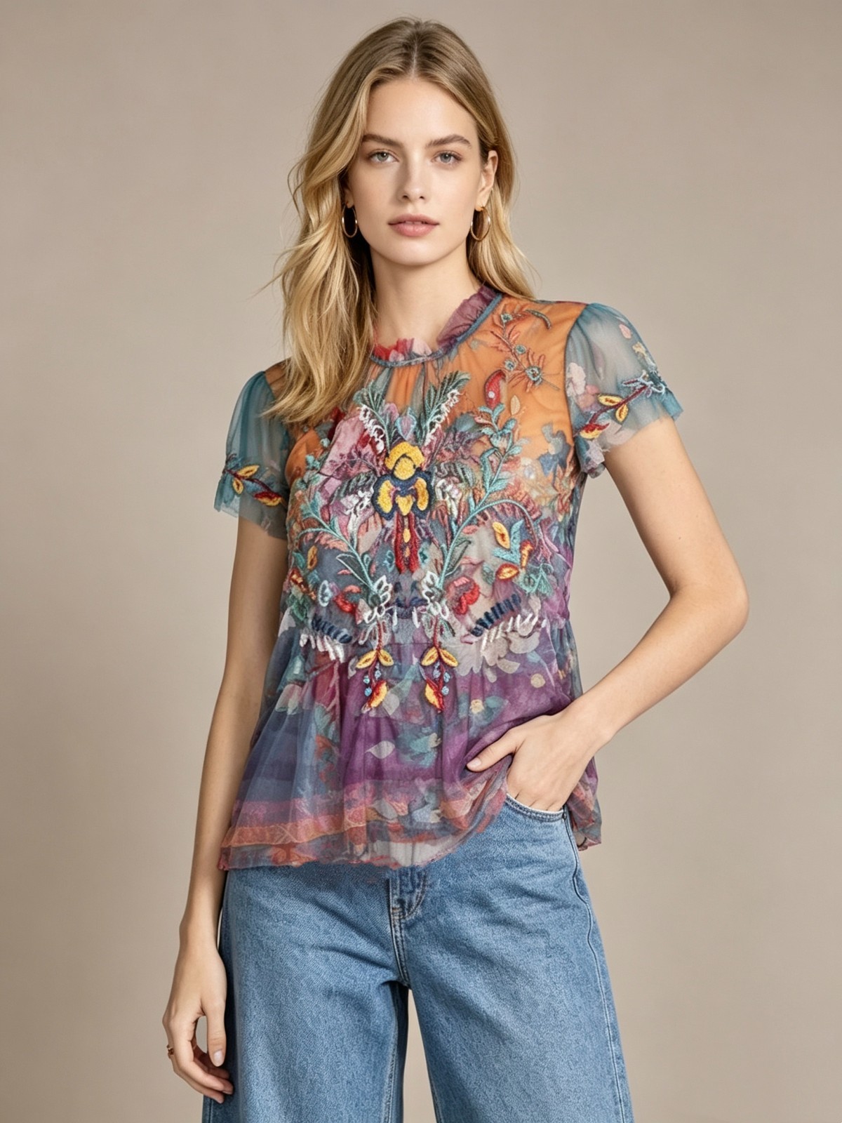 NWT Johnny Was Biya Giana Mesh Ruffled Floral Embroidered Sheer Blouse Size XS NWT Johnny Was Biya Giana Mesh Ruffled Floral Embroidered Sheer Blouse Size XS