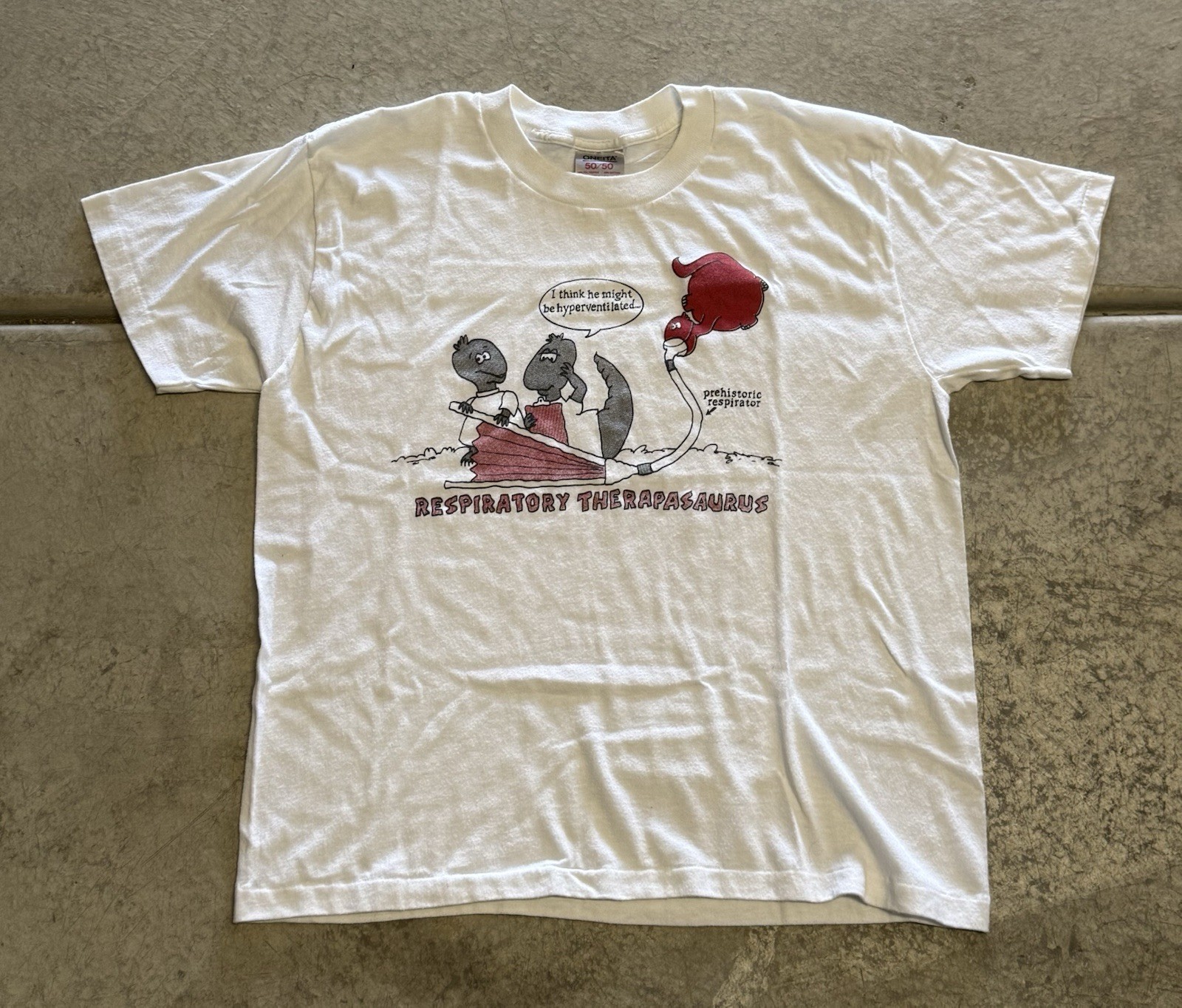 True Vintage 80’s Respiratory Therapasauras Funny Men’s Graphic White T-shirt L True Vintage 80’s Respiratory Therapasauras Funny Men’s Graphic White T-shirt L