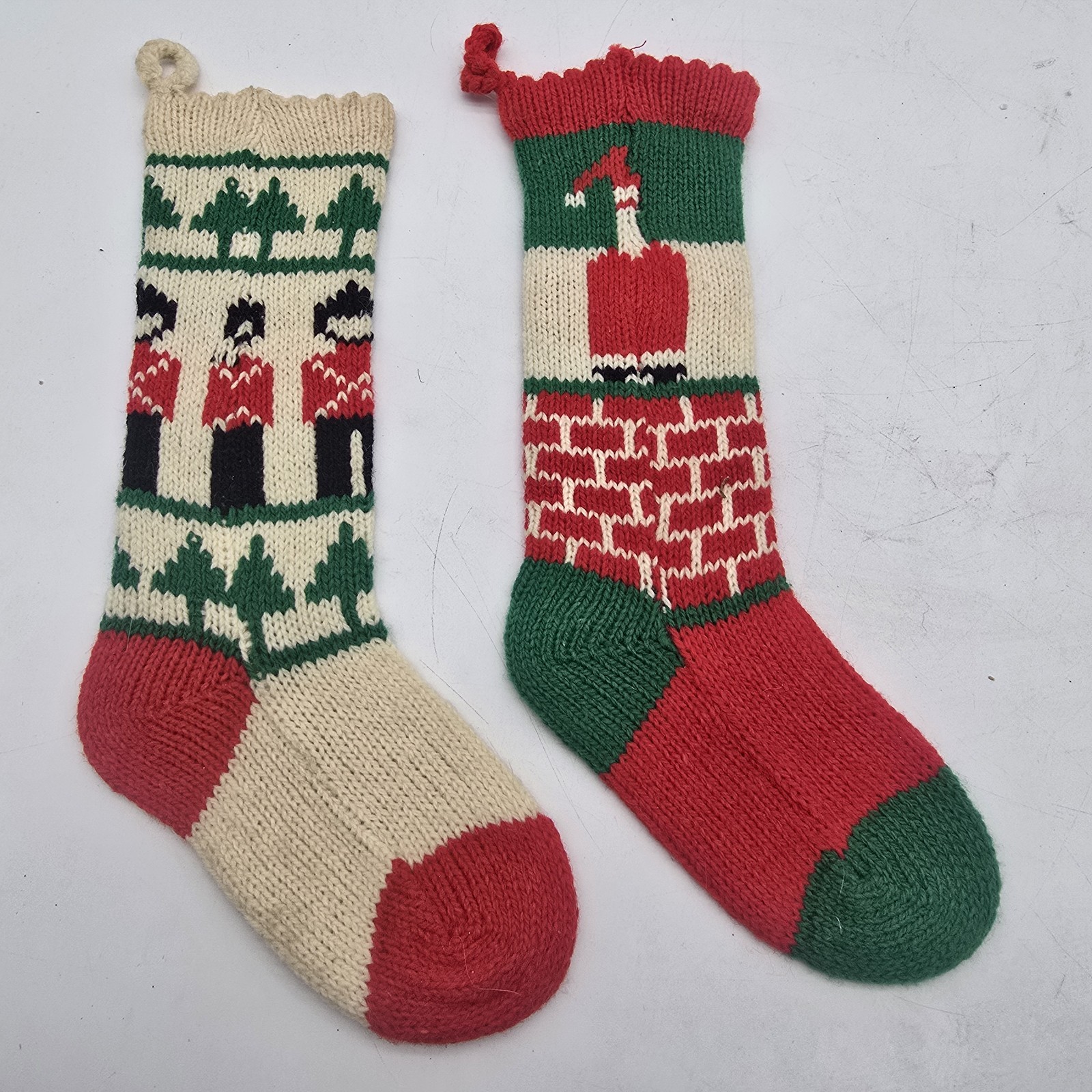 Vintage Handmade Knit Christmas Stockings Santa Toy Soldier Hand-Knitted? WOOL Vintage Handmade Knit Christmas Stockings Santa Toy Soldier Hand-Knitted? WOOL