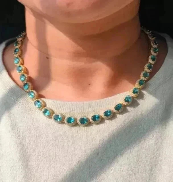 20Ct Oval Lab-Created Blue Topaz Women\'s Tennis Necklace 14K Yellow Gold Plated