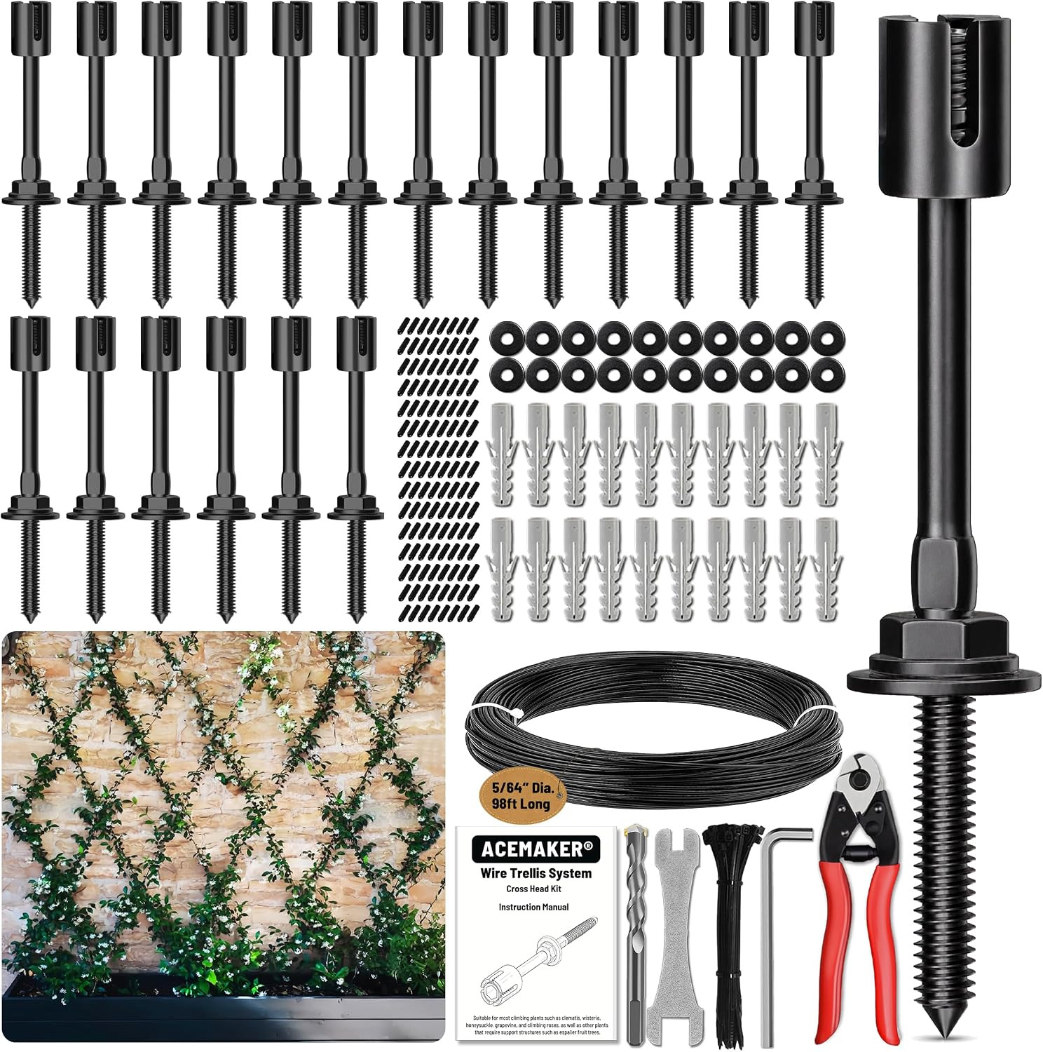 Wire Trellis Kit 20-Set 5/64” Black Crosshead W/Cutter&98Ft Cable Wire Trellis Kit 20-Set 5/64” Black Crosshead W/Cutter&98Ft Cable