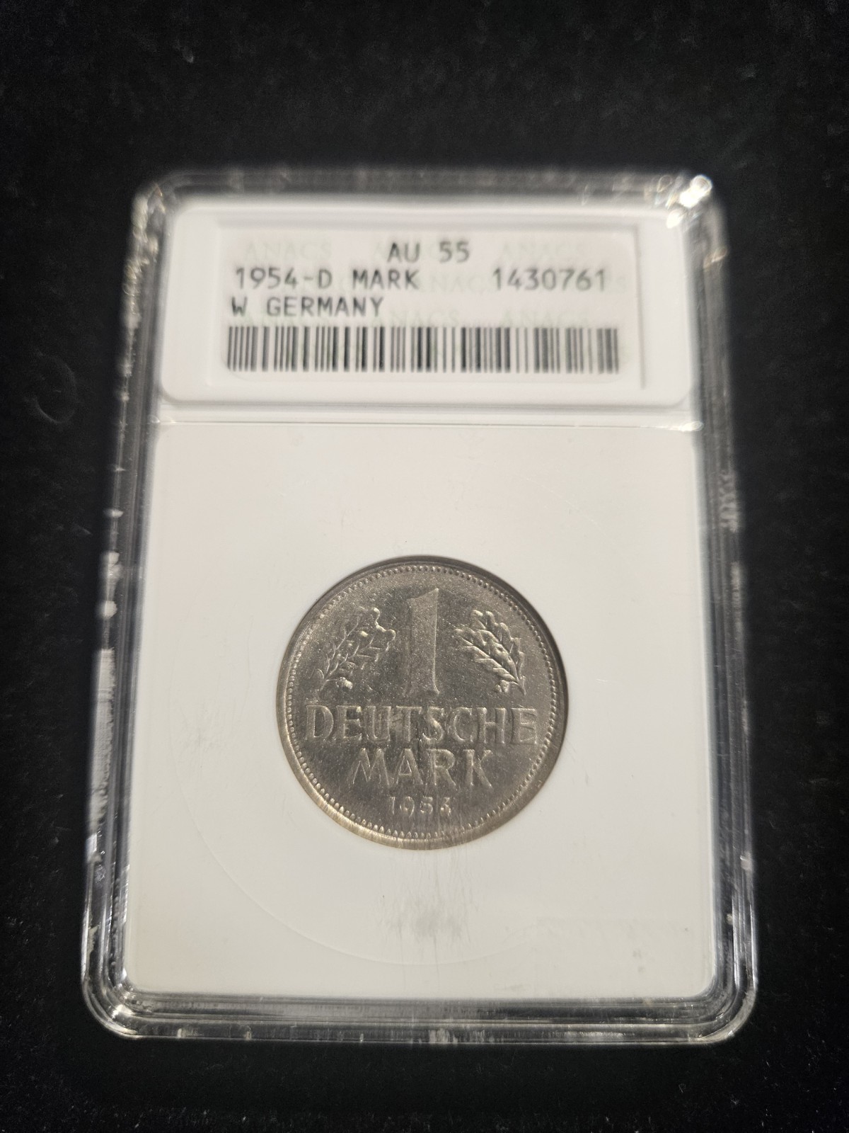 1954 D West Germany 1 Mark ANACS SOAPBOX AU55 1954 D West Germany 1 Mark ANACS SOAPBOX AU55