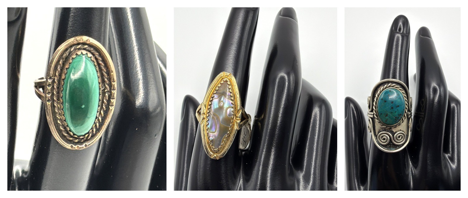 Vintage Southwestern Ring Lot of 3 Abalone Malachite Look Gold Silver Tone Boho