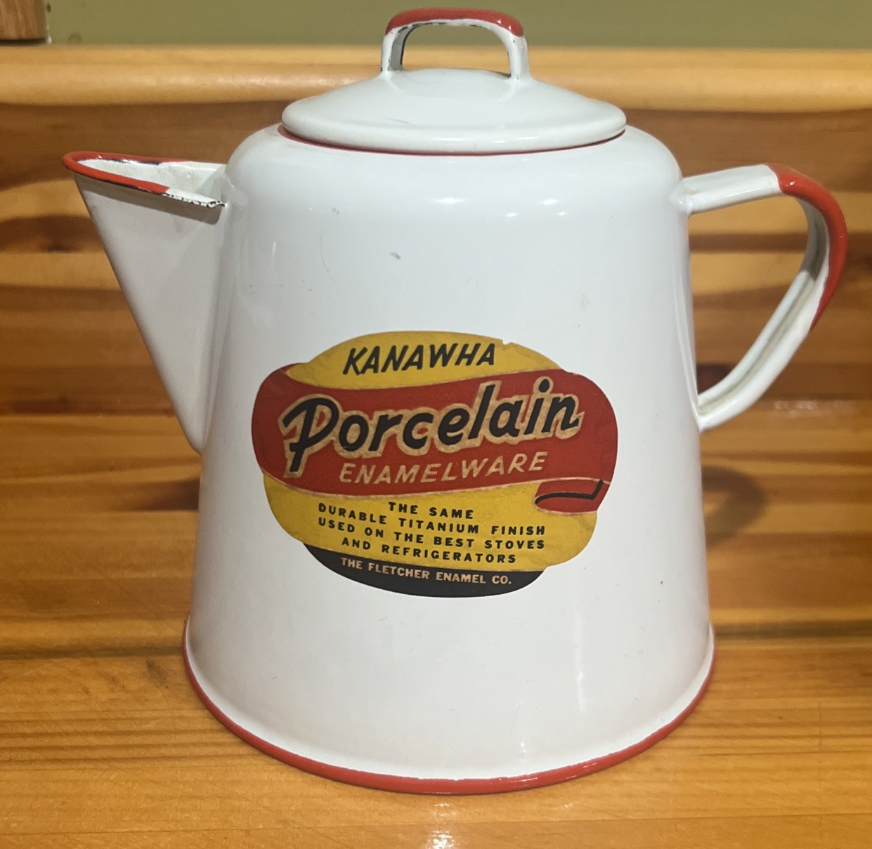 Vtg KANAWHA Porcelain Enamelware Coffee Pot Pitcher Fletcher Enamel Co LABEL Vtg KANAWHA Porcelain Enamelware Coffee Pot Pitcher Fletcher Enamel Co LABEL