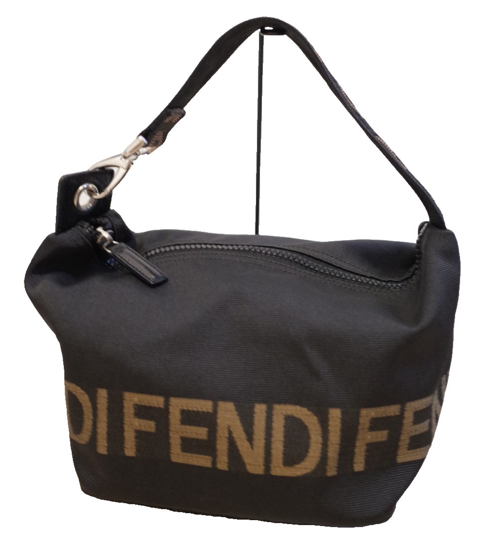 FENDI Logo Nylon Hand Bag Black Silver Hardware Authentic