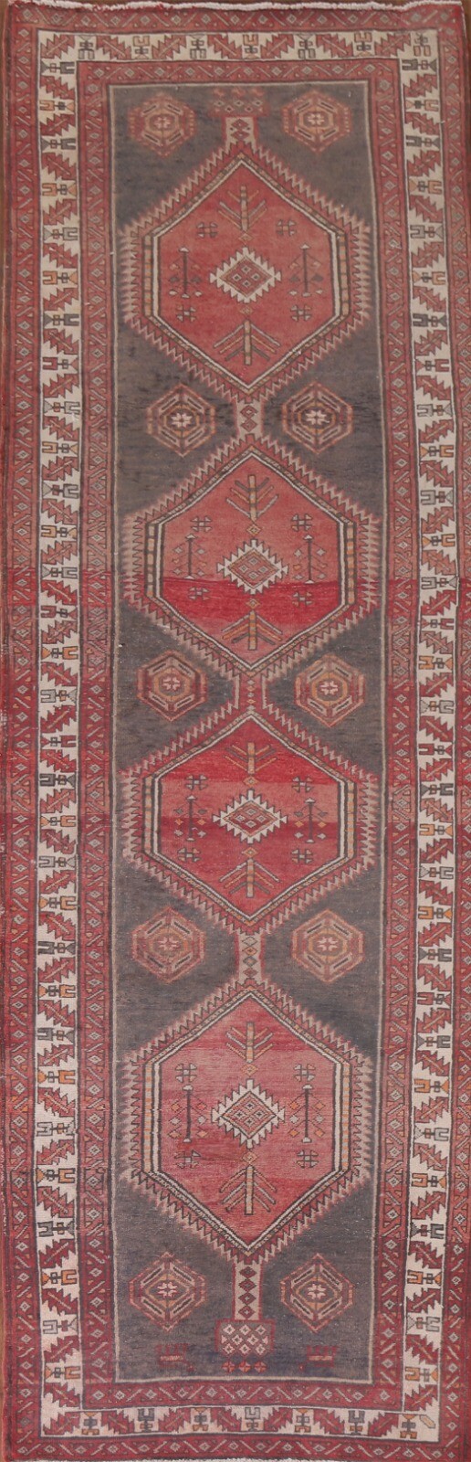 Vintage Tribal Geometric Gray Ardebil Runner Rug 3' 7
