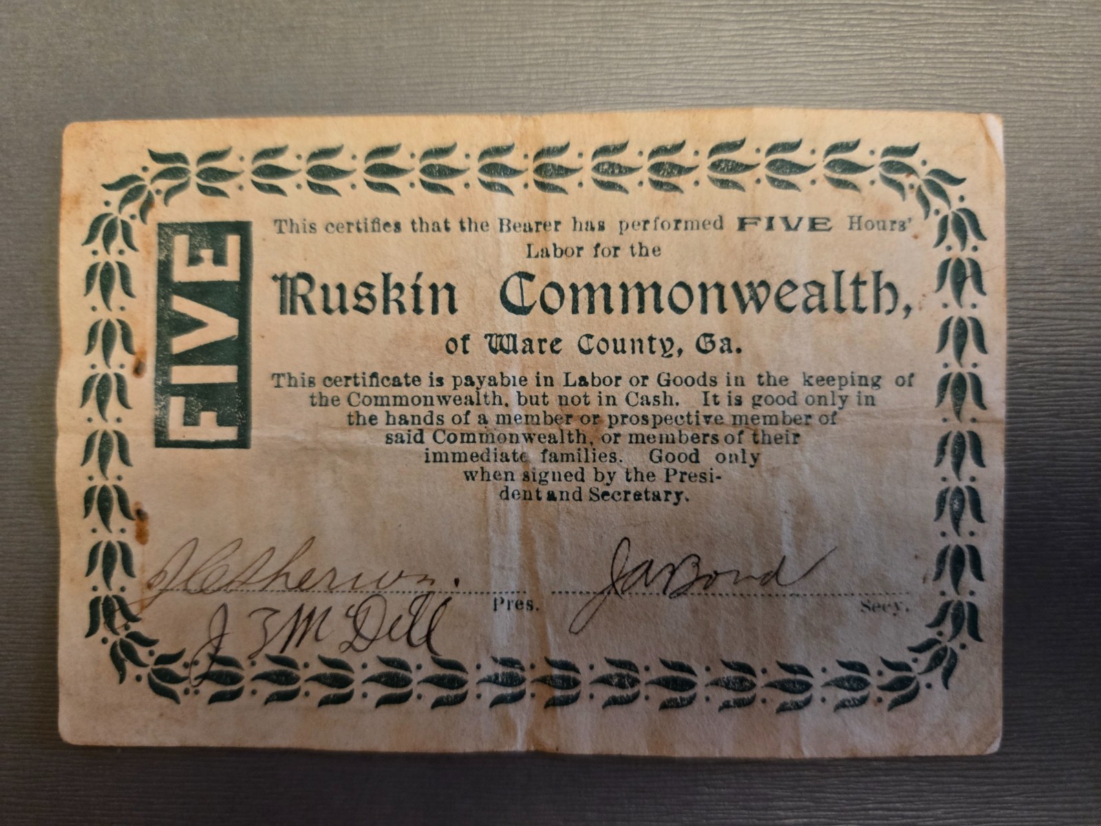 RUSKIN COMMONWEALTH SCRIP Very, rare five hour denomination RUSKIN COMMONWEALTH SCRIP Very, rare five hour denomination