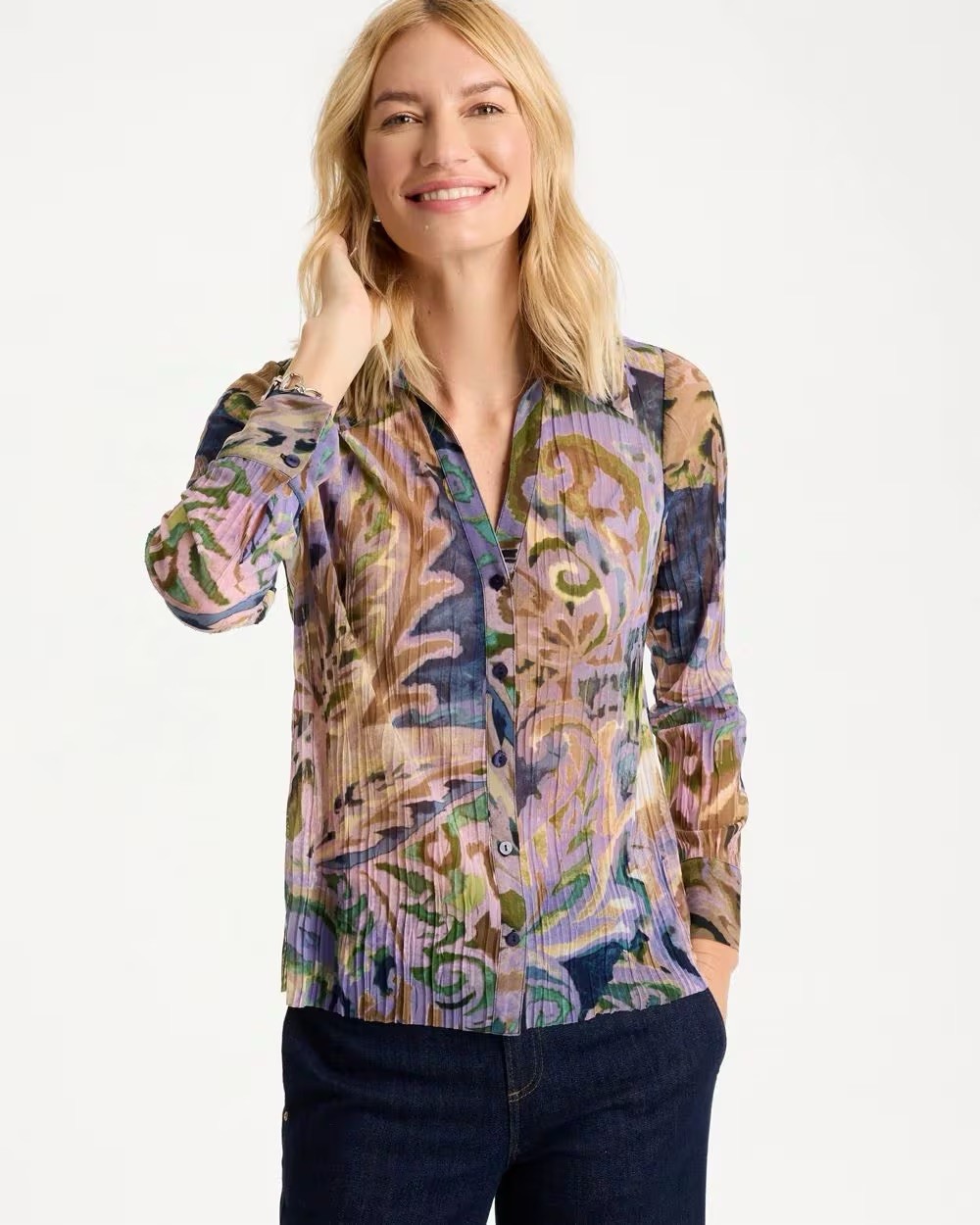 NWT Chico’s women’s size 2 Large Paisley Semi-Sheer Crinkle Mesh Top 