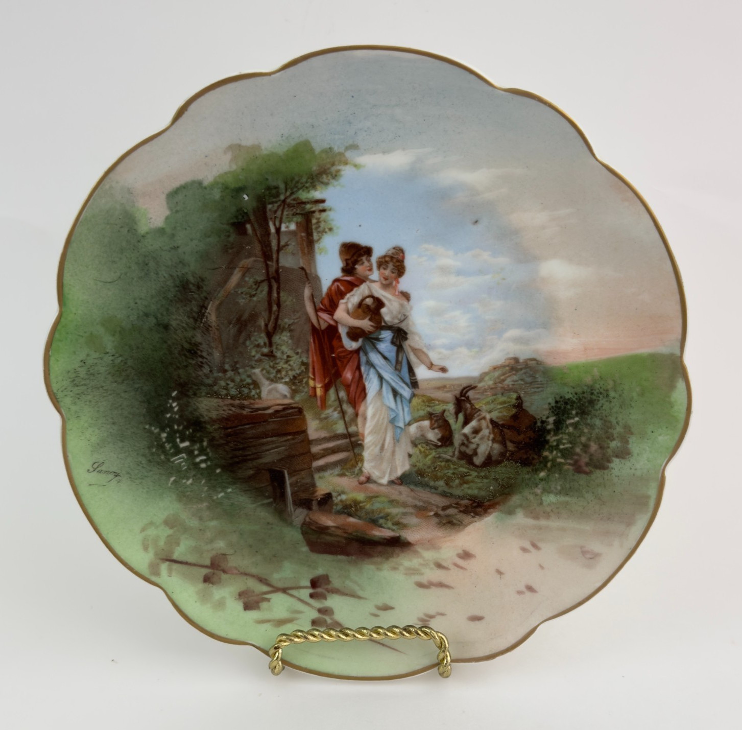Limoges LRL Signed Wall Plate Pastoral Couple Urn Goats France Hand Painted Limoges LRL Signed Wall Plate Pastoral Couple Urn Goats France Hand Painted