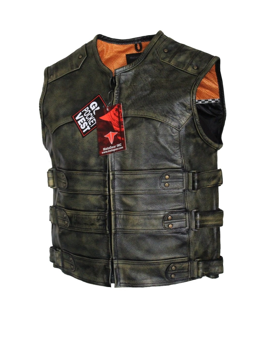 Motorcycle Leather Brown Collarless Tactical Vest with Mesh Lining