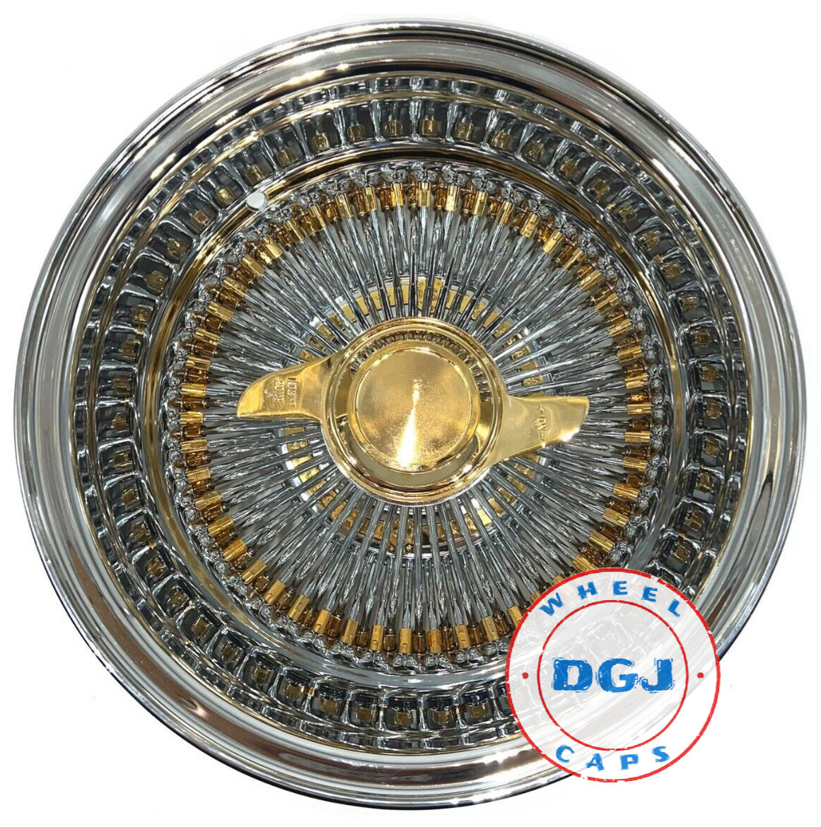 DGJ WHEEL 14x7 Rev 100 Spoke Gold Nipples & Hub Ring Lowrider Wire Wheels