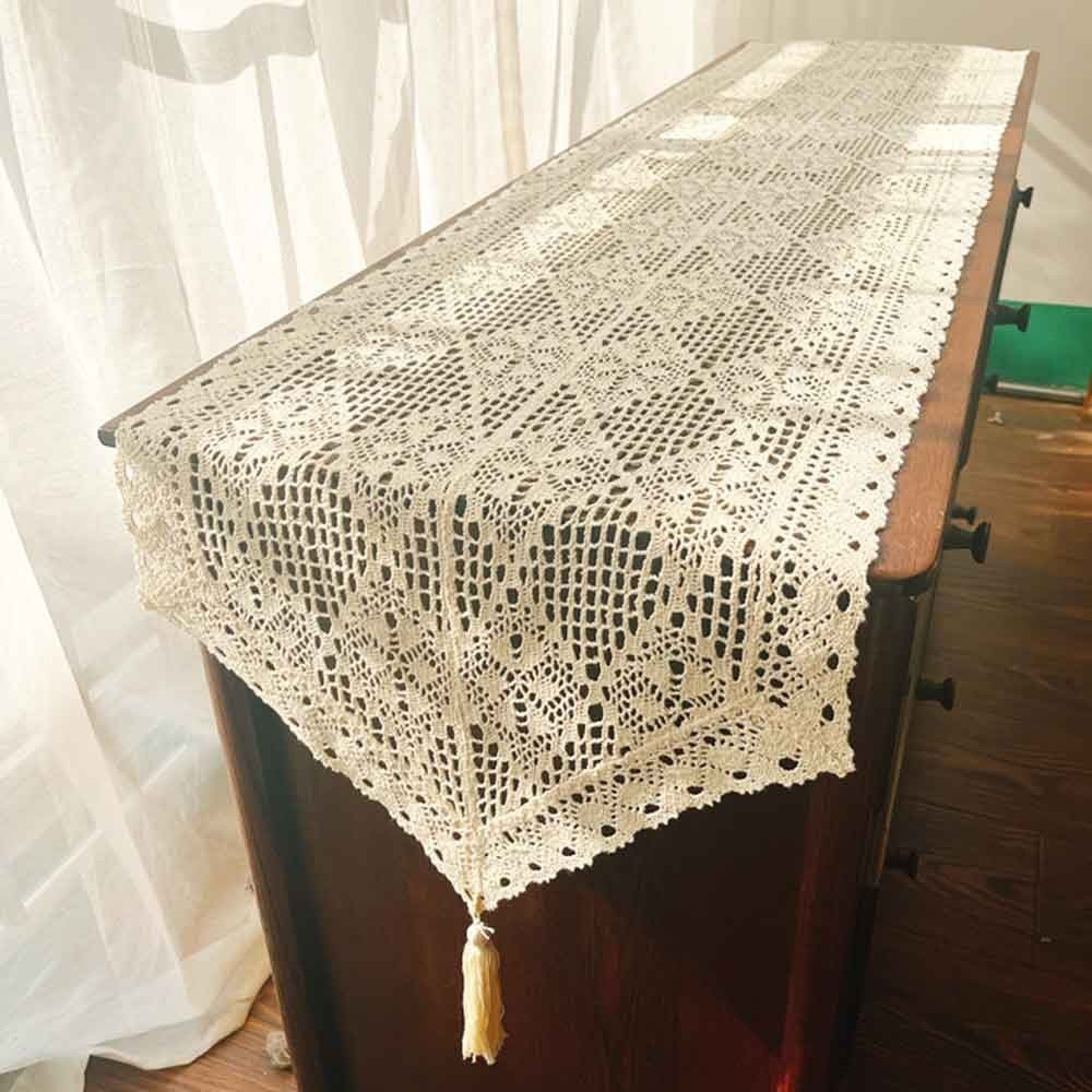Vintage Hand Crochet Lace Table Runner Dresser Scarf Doilies Floral Tablecloth