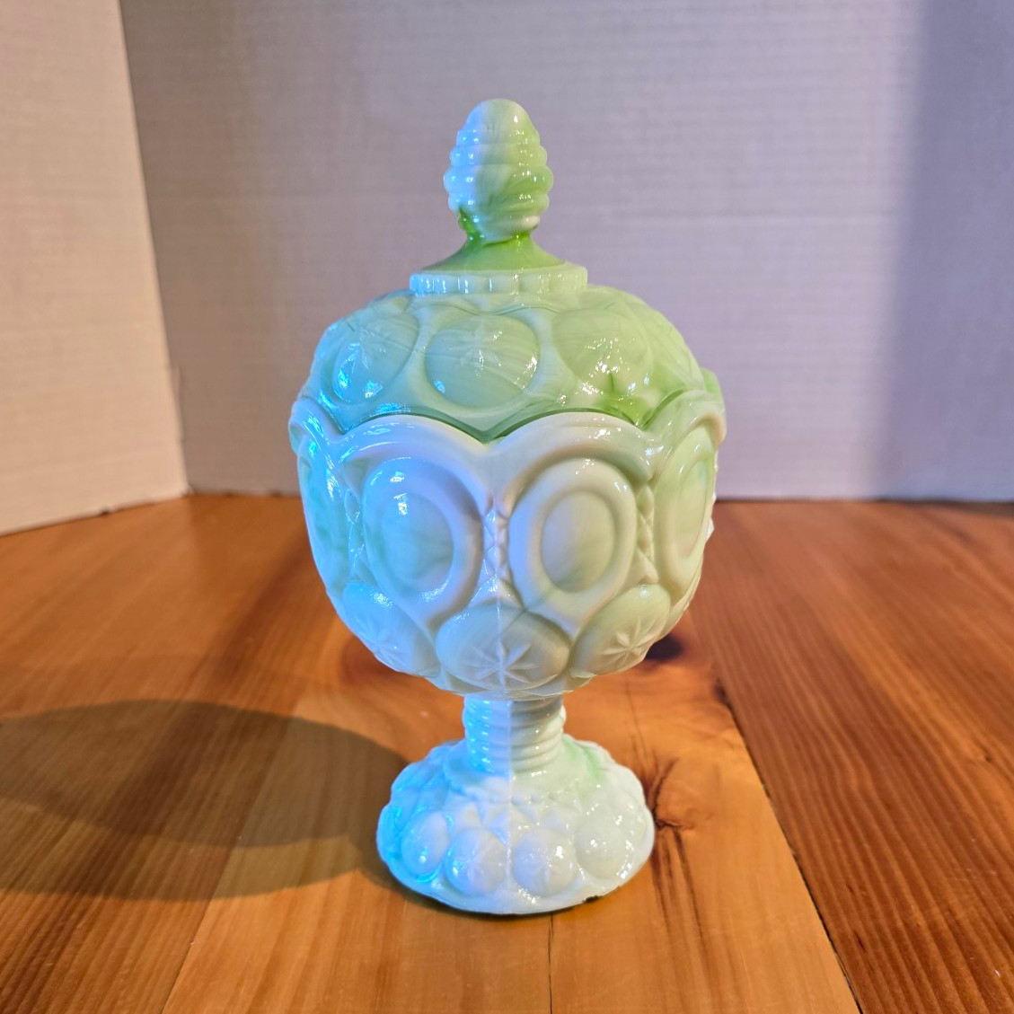 Vtg Kanawha Moon & Stars Mint Green Slag Glass Covered Compote W/Beehive Lid Vtg Kanawha Moon & Stars Mint Green Slag Glass Covered Compote W/Beehive Lid