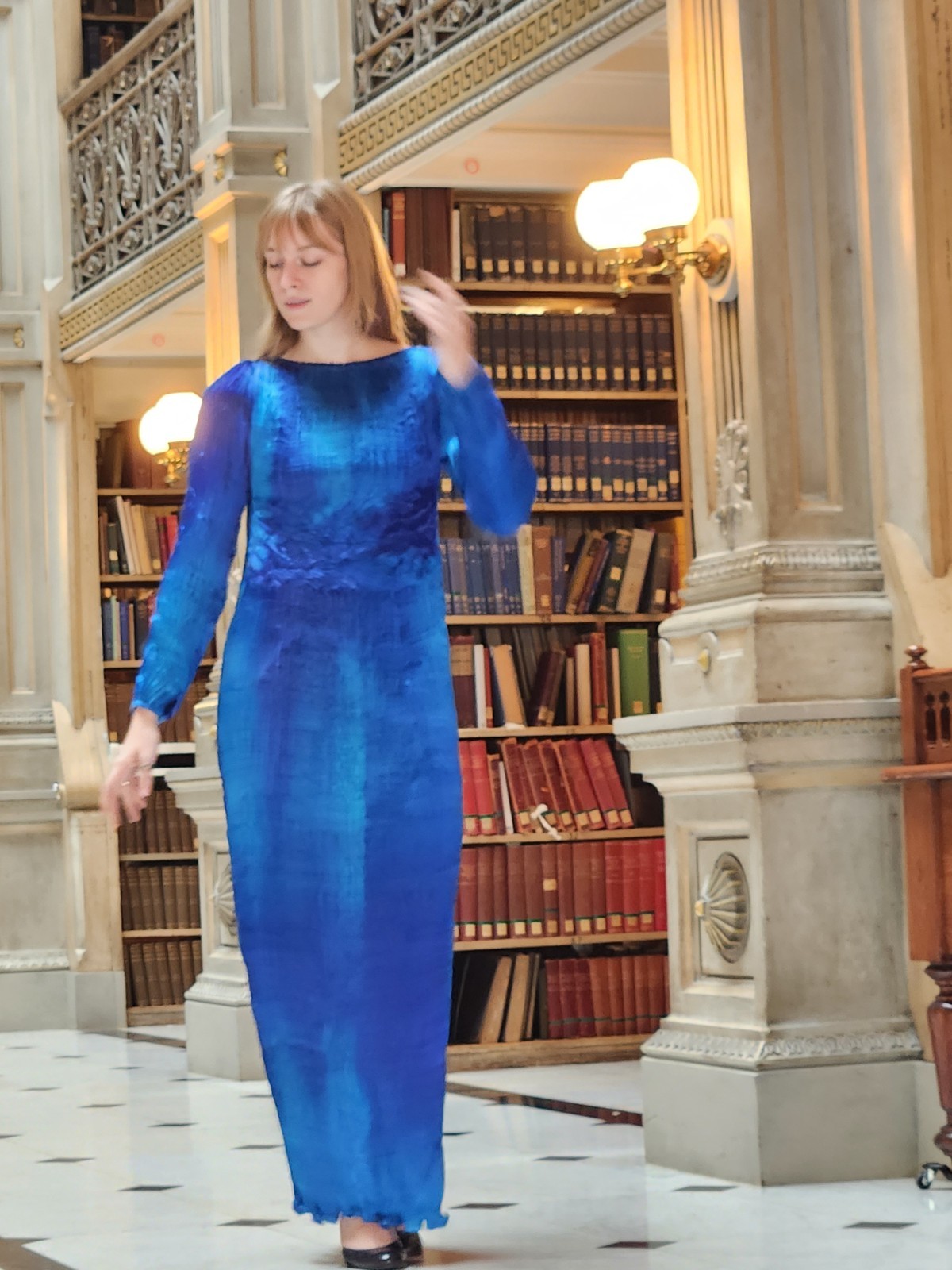 Charles and Patricia Lester blue evening dress  Fortuny-style pleats & beading.