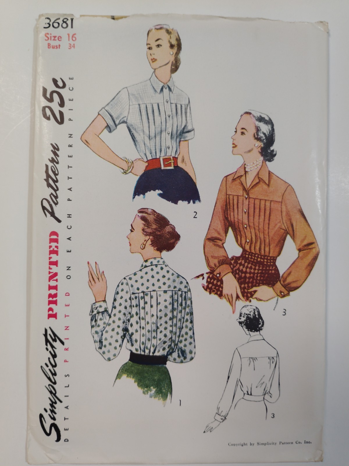 Simplicity 3681 Blouse Top Sewing Pattern Ladies 16 VTG 50's UC Tucked Yolked Simplicity 3681 Blouse Top Sewing Pattern Ladies 16 VTG 50's UC Tucked Yolked