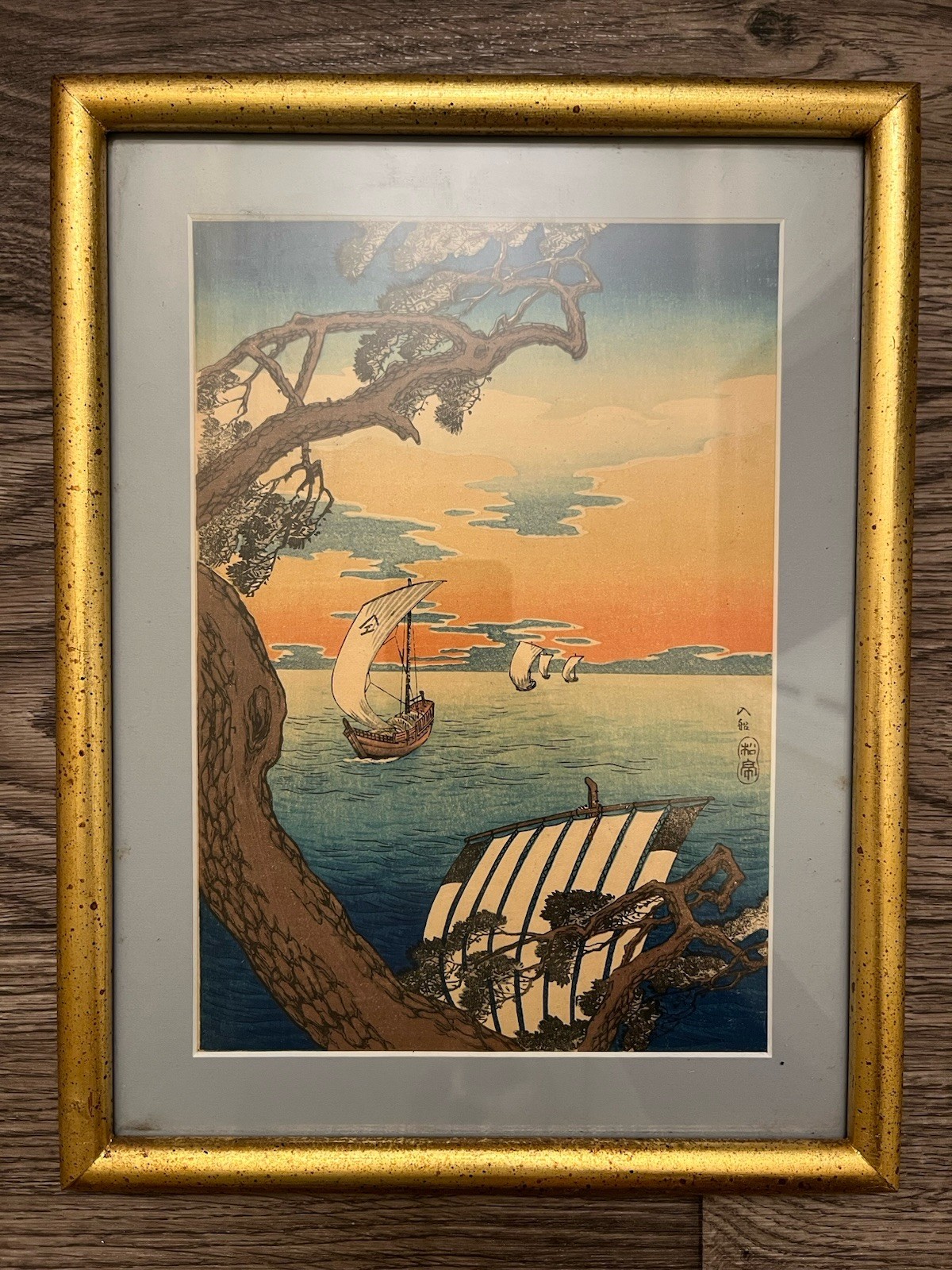 Takahashi Shōtei Japanese woodblock print- Returning boats at sunset