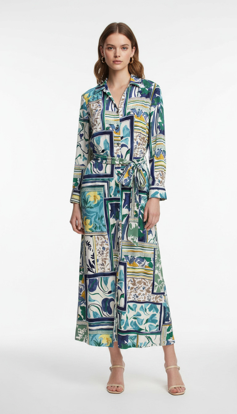 Chico\'s Printed Knit Maxi Shirtdress Long Sleeve Stretch Multicolor Size 2 US L