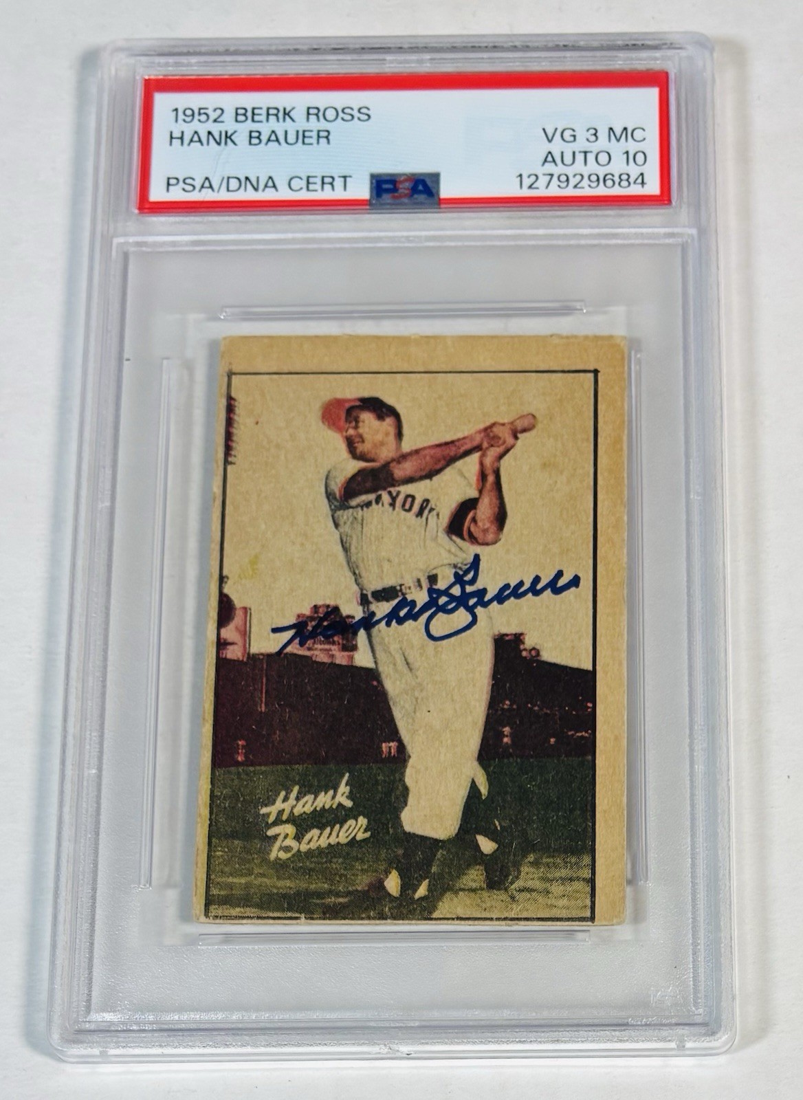 1952 Berk Ross Hank Bauer PSA 3 AUTO 10 GEM MINT Baseball Card 0 Higher d. 2007 1952 Berk Ross Hank Bauer PSA 3 AUTO 10 GEM MINT Baseball Card 0 Higher d. 2007
