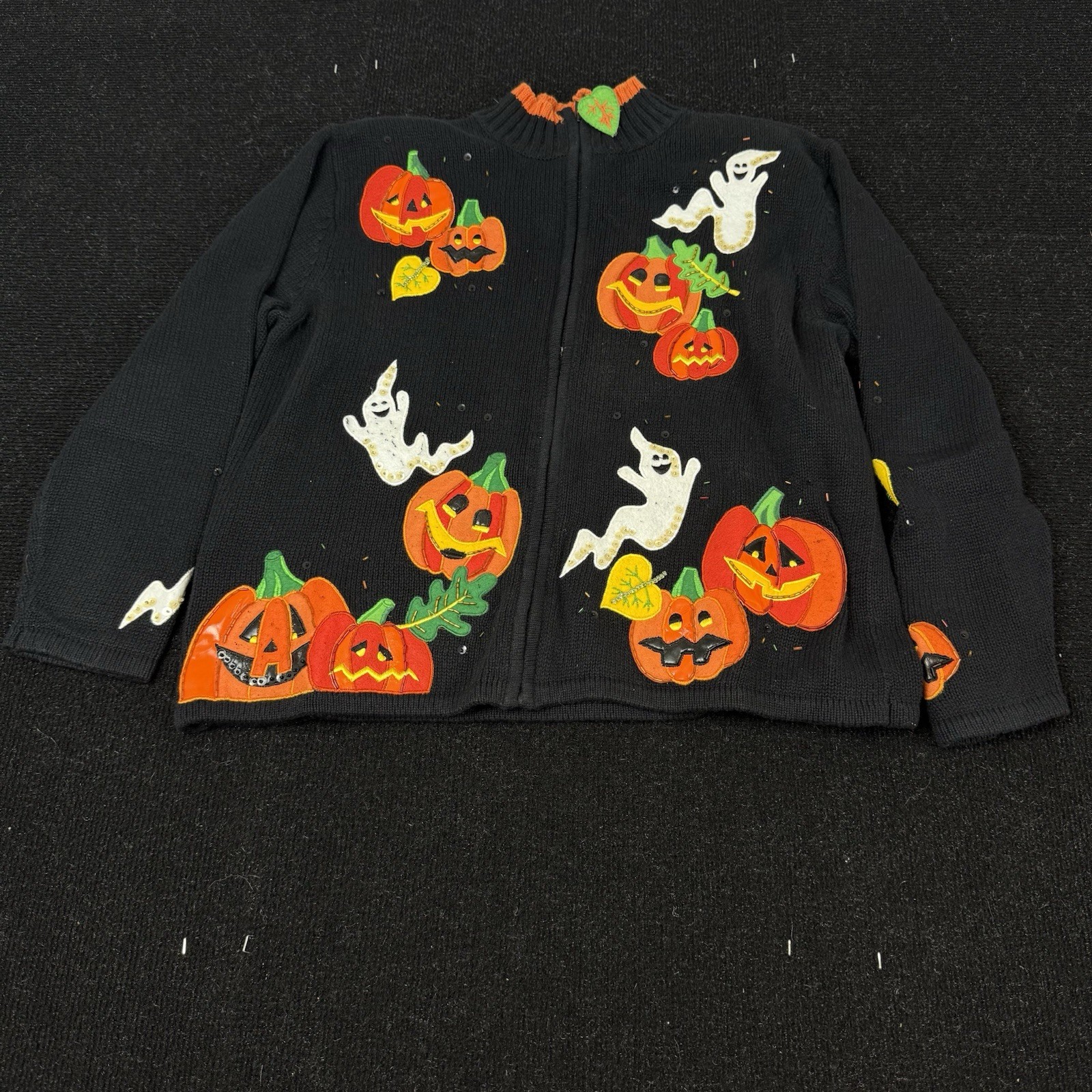 Vintage Heirloom Collectibles Halloween Cardigan Sweater Zip Up Knit Pumpkins L
