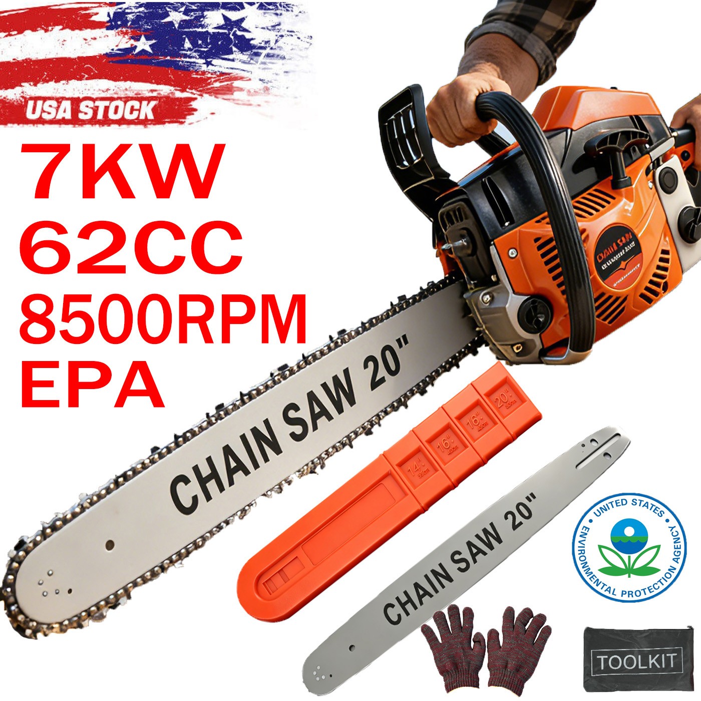 62CC 2-Stroke Gasoline Chainsaw Powered Wood Cutting Engine Gas 20inch Chain Saw