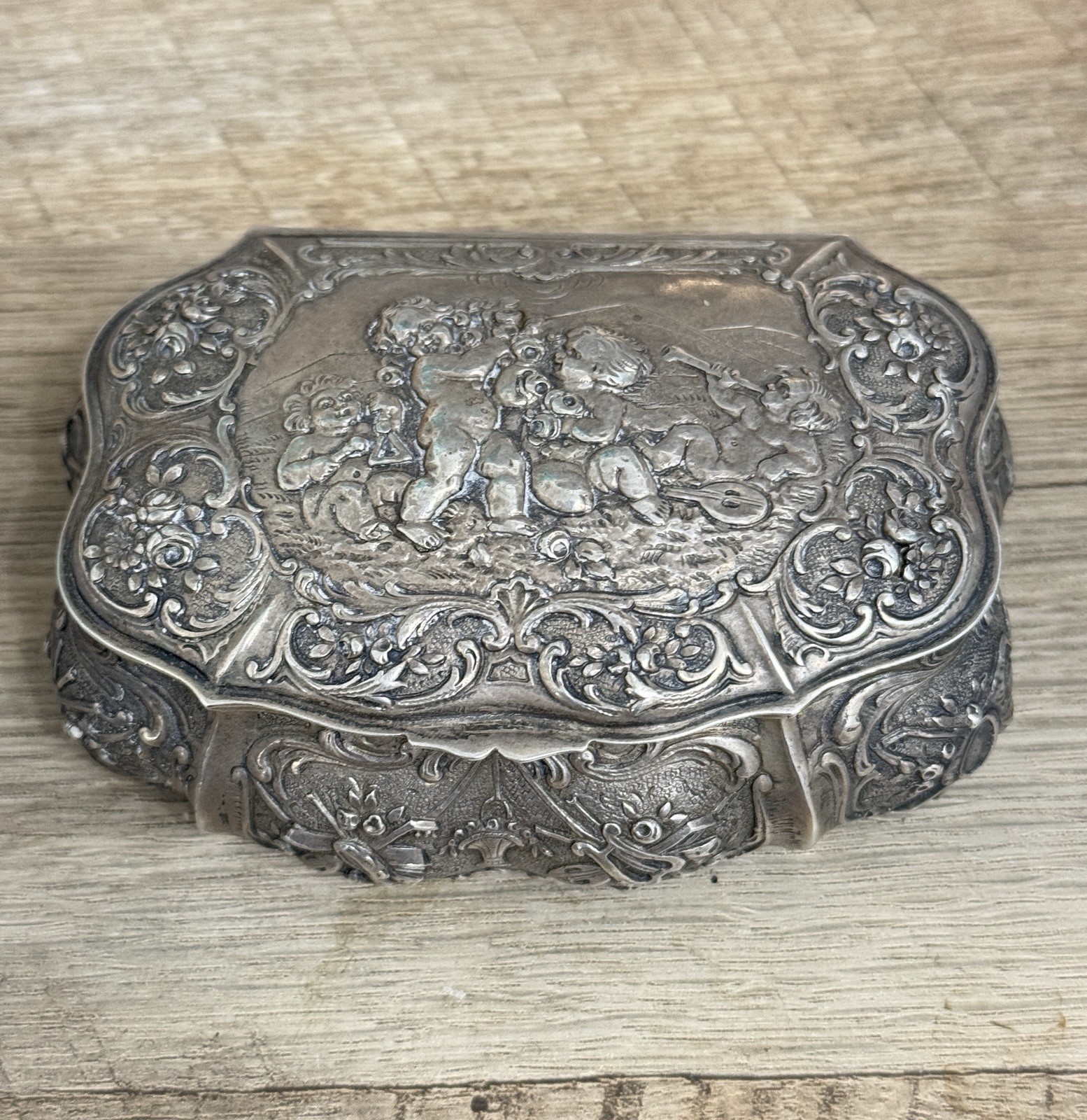 German 800 Silver Ornate Cherubs Playing Instruments Dresser Trinket Jewelry Box German 800 Silver Ornate Cherubs Playing Instruments Dresser Trinket Jewelry Box