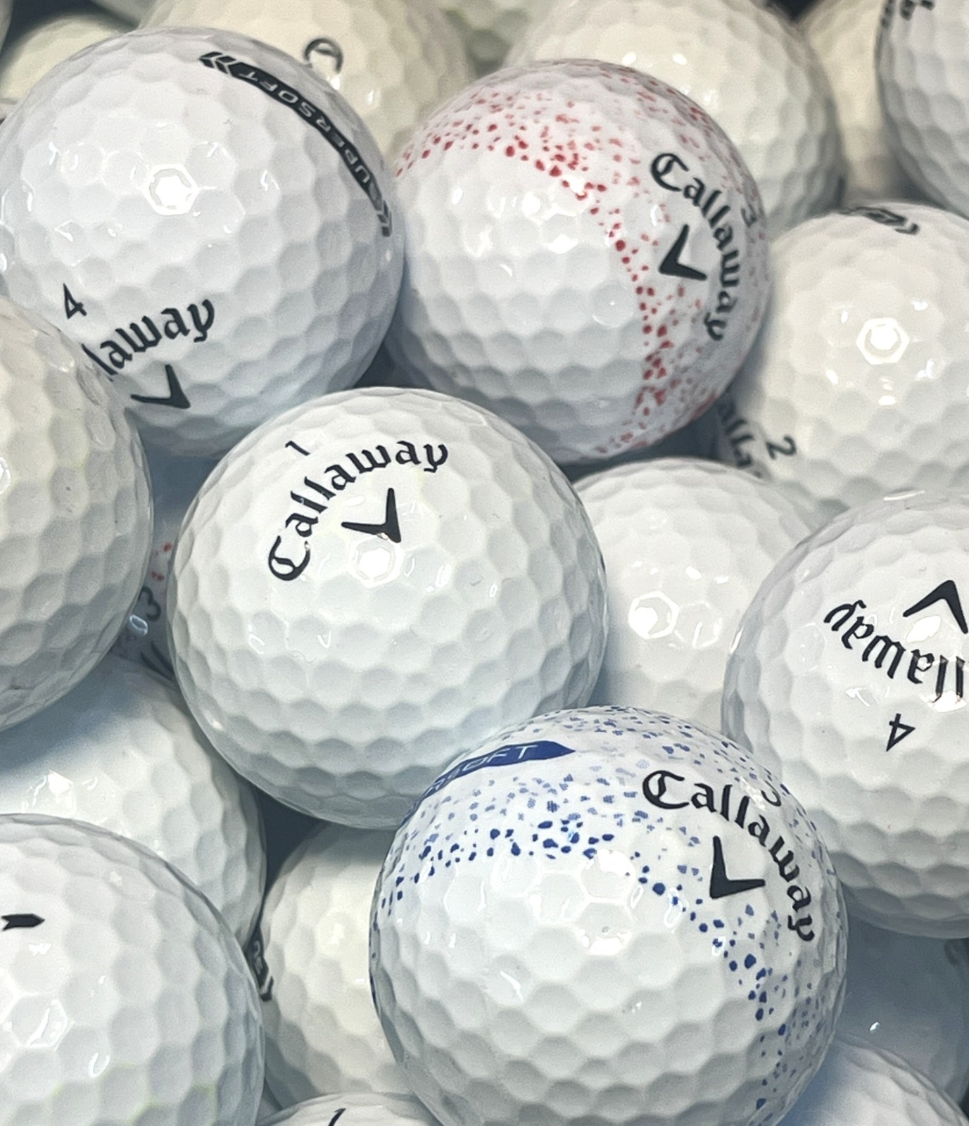 50 Near Mint AAAA White & Splatter 360 Callaway Supersoft Used Golf Balls