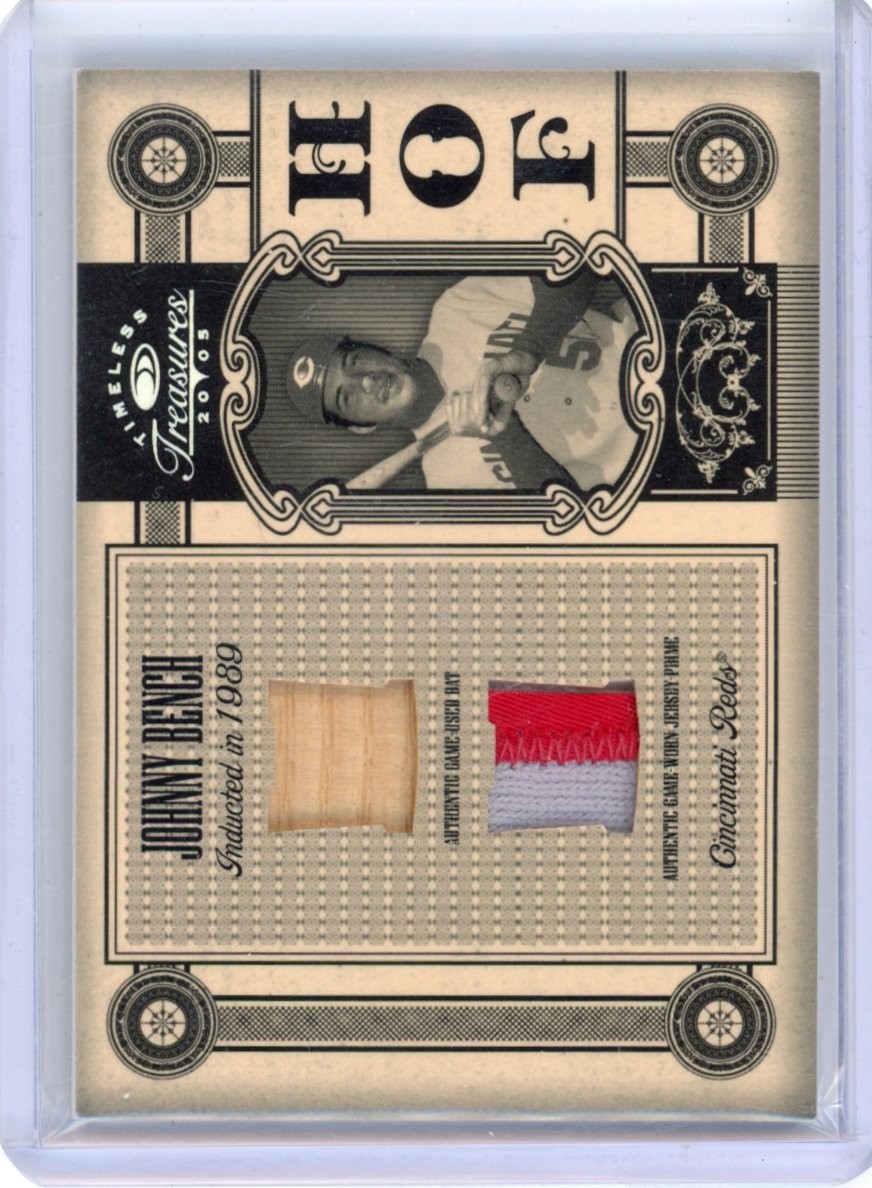 2005 Donruss Timeless Treasures Johnny Bench HOF /5 GAME USED BAT AND JERSEY