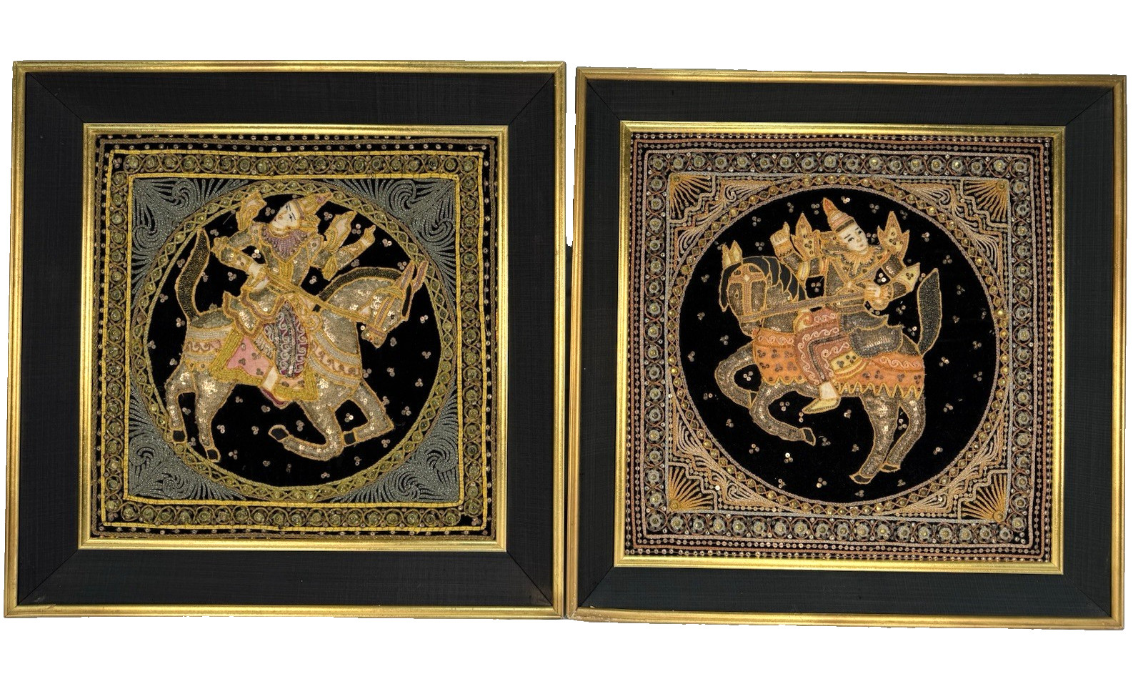 Vintage Burmese Kalaga Tapestry Framed Pair 24x24 Hand Embroidered Warrior Horse Vintage Burmese Kalaga Tapestry Framed Pair 24x24 Hand Embroidered Warrior Horse