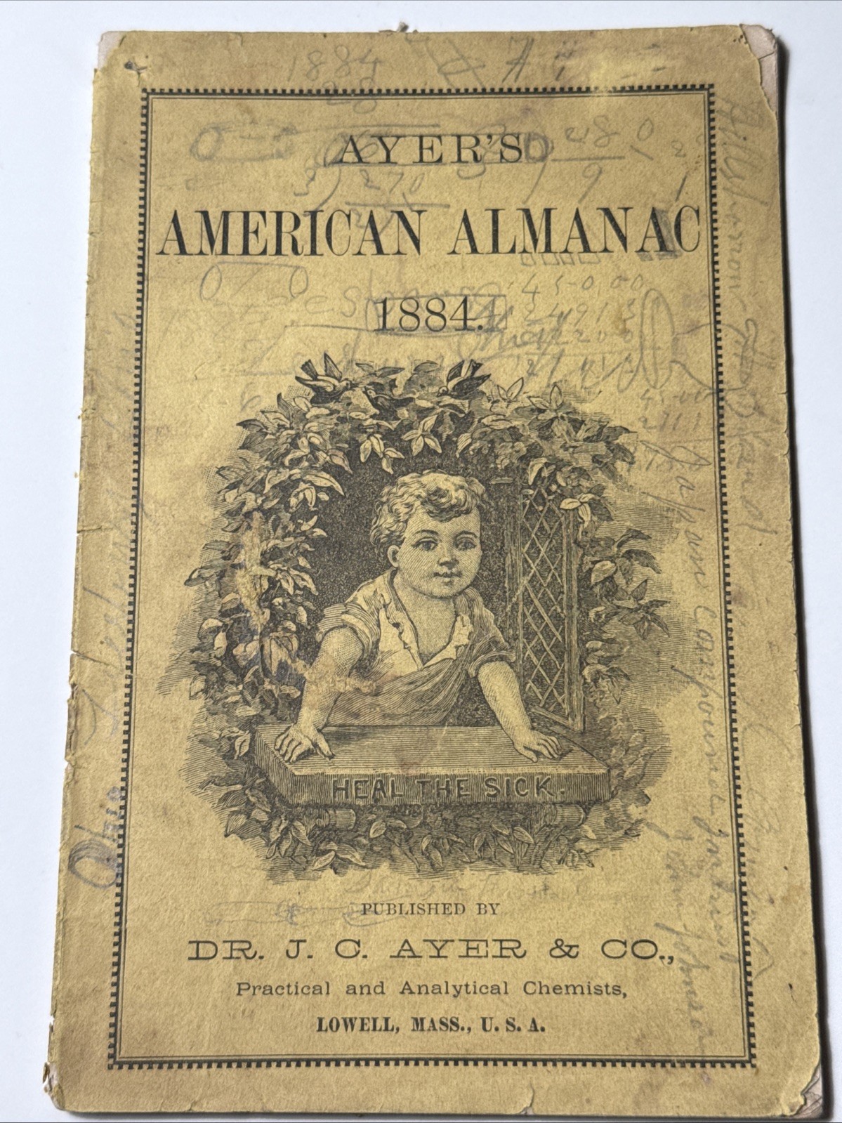 Antique 1884 AYERS American Almanac Quack Medicine Ads Vtg Lowell Mass w Doodles Antique 1884 AYERS American Almanac Quack Medicine Ads Vtg Lowell Mass w Doodles