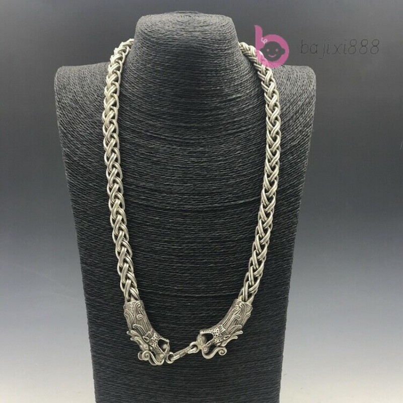 Chinese Old Tibetan Silver Necklace Hand Carved Dragon Necklaces
