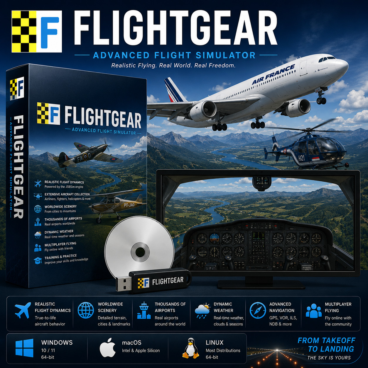 FlightGear Flight Gear | Simulator Aircraft Pilot Software | USB CD | LATEST