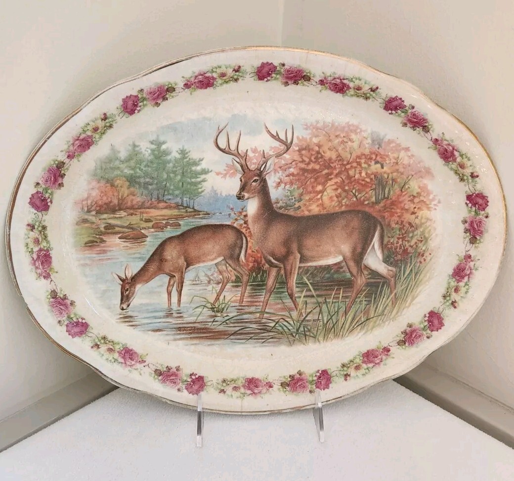 Antique RK Beck Signed Ceramic Large Platter Featuring Two Deer By Mellor & Co.