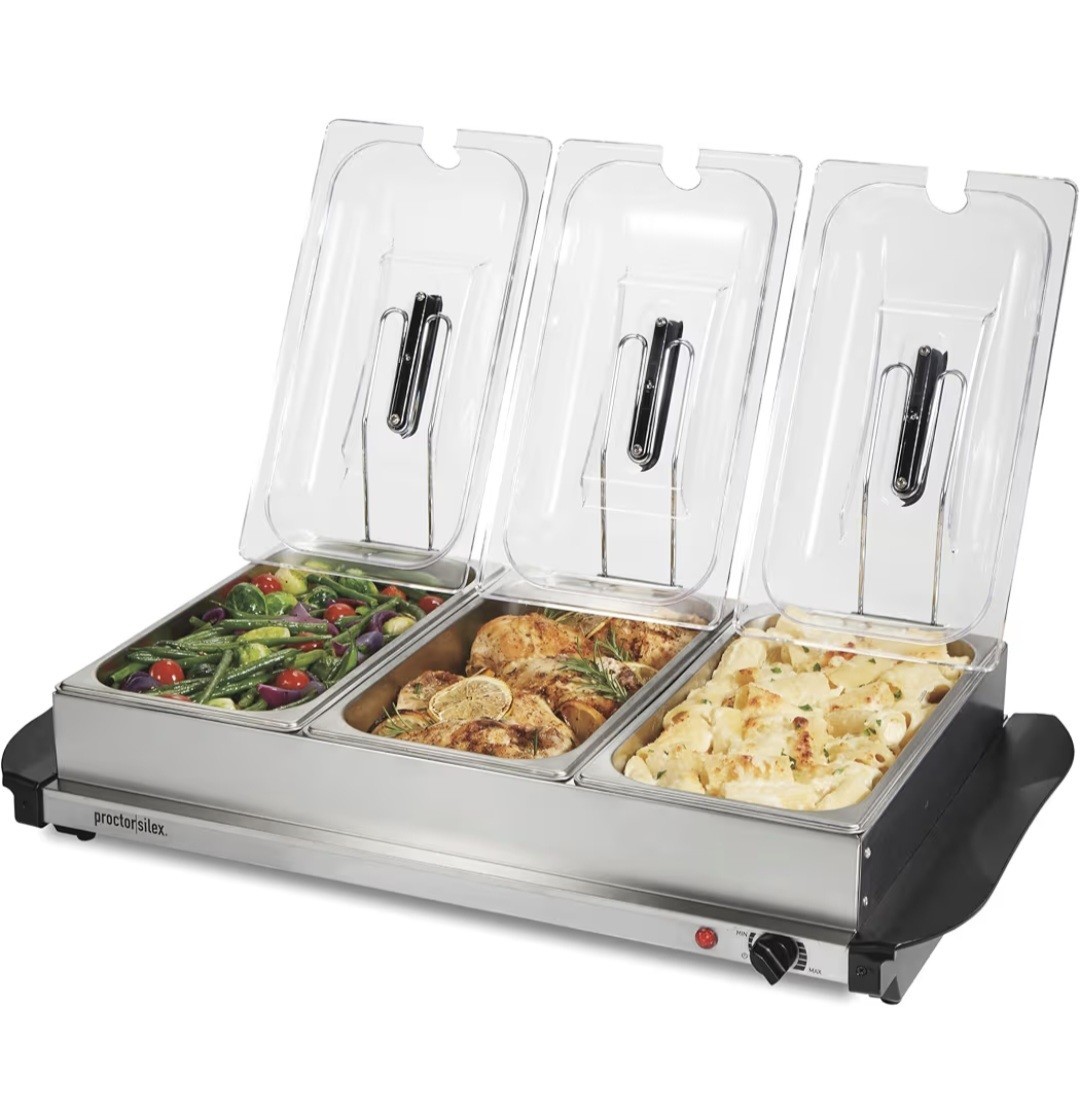 Proctor Silex Buffet Food Warmer 34300RG w/ 3 2.5 qt Pans & Clear Domed Lids Proctor Silex Buffet Food Warmer 34300RG w/ 3 2.5 qt Pans & Clear Domed Lids