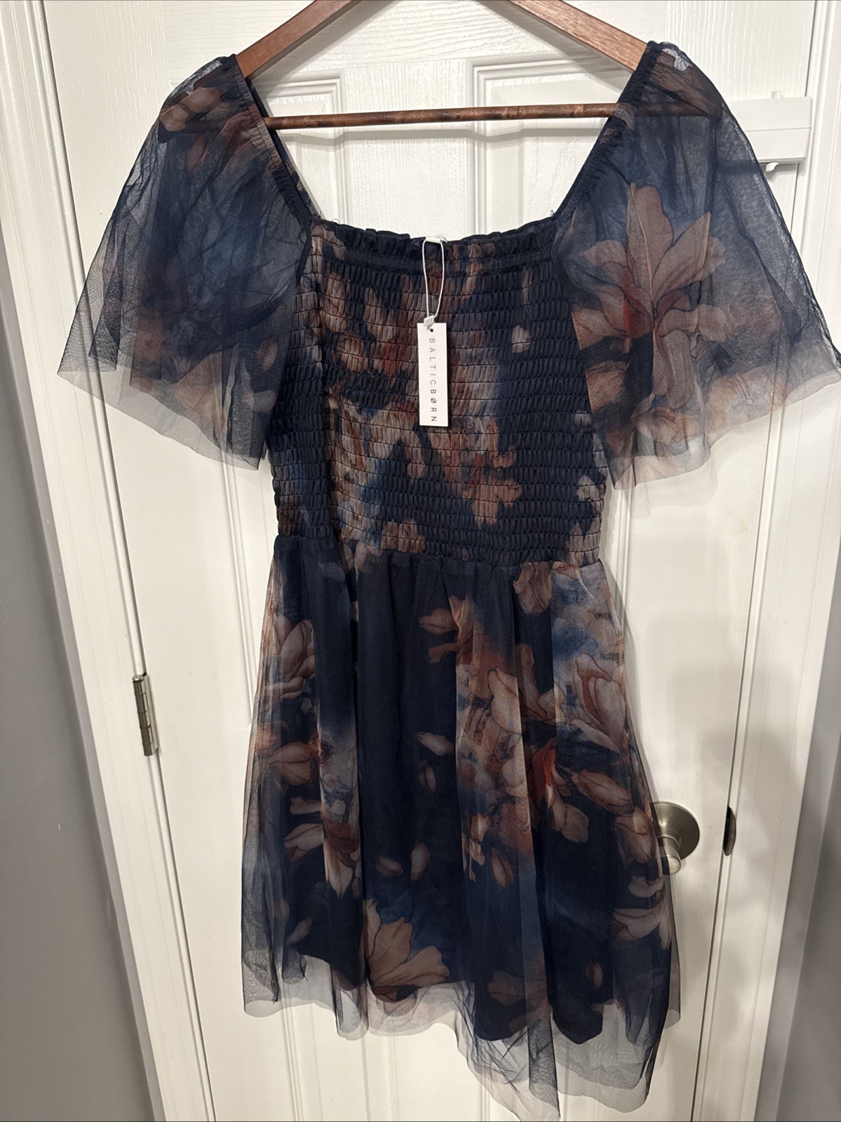Baltic Born Floral Smocked Medium Dress Navy Blue Sheer Sleeve Mini Romantic NWT Baltic Born Floral Smocked Medium Dress Navy Blue Sheer Sleeve Mini Romantic NWT
