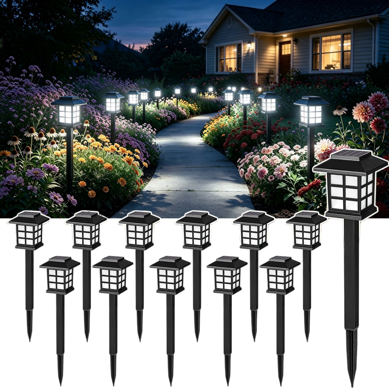 12 Pack Solar Pathway Lights Outdoor Garden Walkway Lawn Landscape Stake Lamps