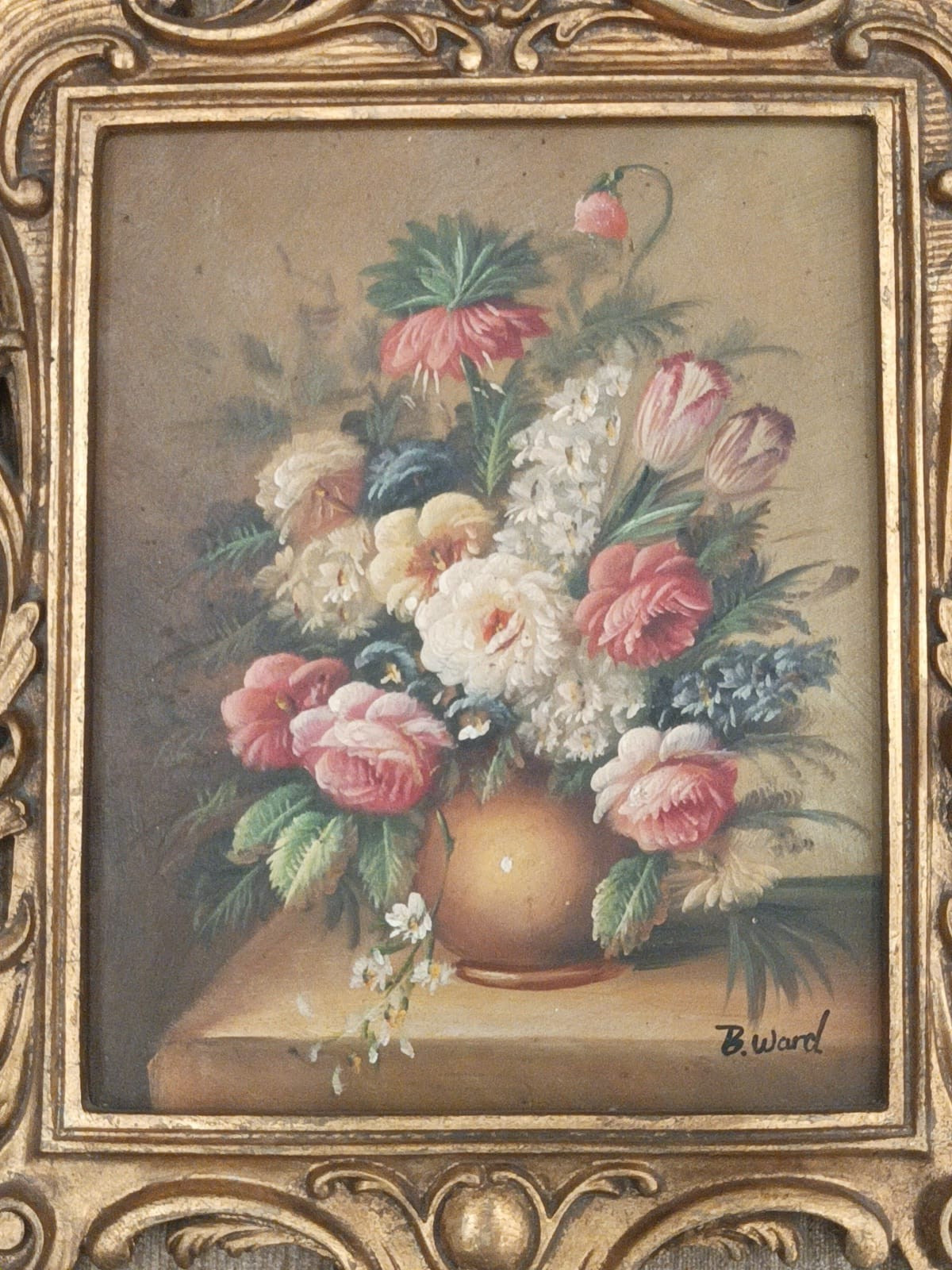 Vintage Floral Oil Painting in Ornate Gold Baroque Frame Signed B. Ward Vintage Floral Oil Painting in Ornate Gold Baroque Frame Signed B. Ward