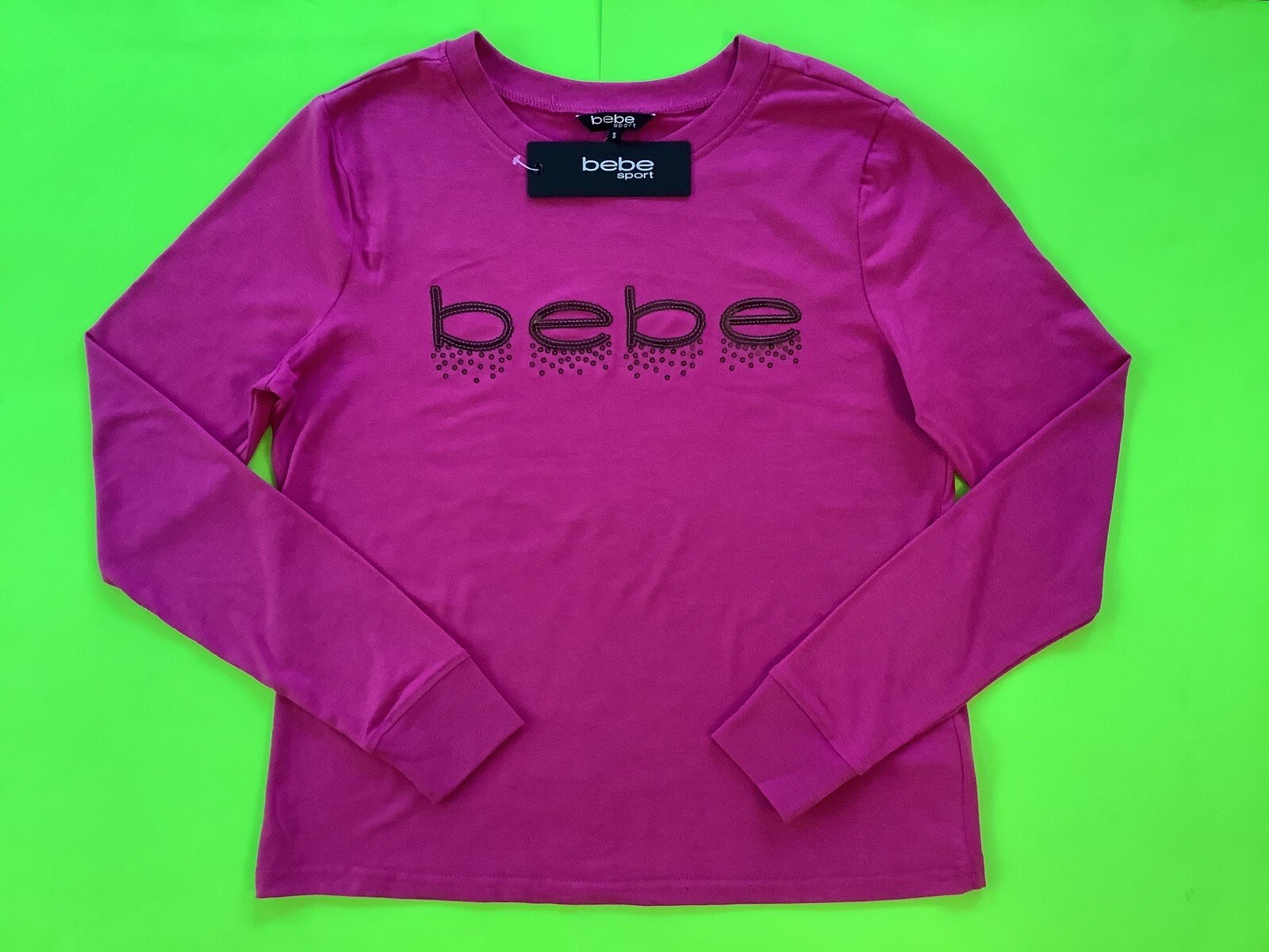 BEBE Sport Women’s Long Sleeve T-Shirt  Size SMALL Pink w/Black MSRP $49.00