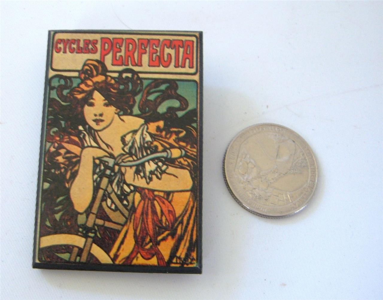 Vintage Alphonse Mucha Bicycle Ad Brooch Pin Woman Art Nouveau Wood 1970\'s
