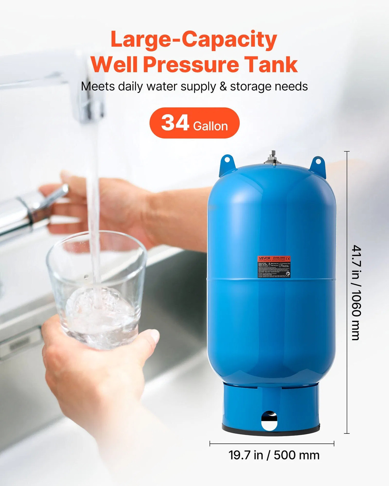 34-Gallon Vertical Well Pressure Tank, Pre-Charged Pressurized Water Tank for W