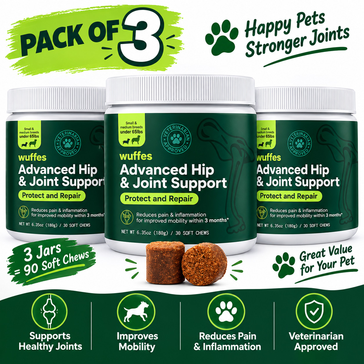 3X Wuffes Advanced Hip & Joint Support Chewables for Dogs Supplement 30 Ct