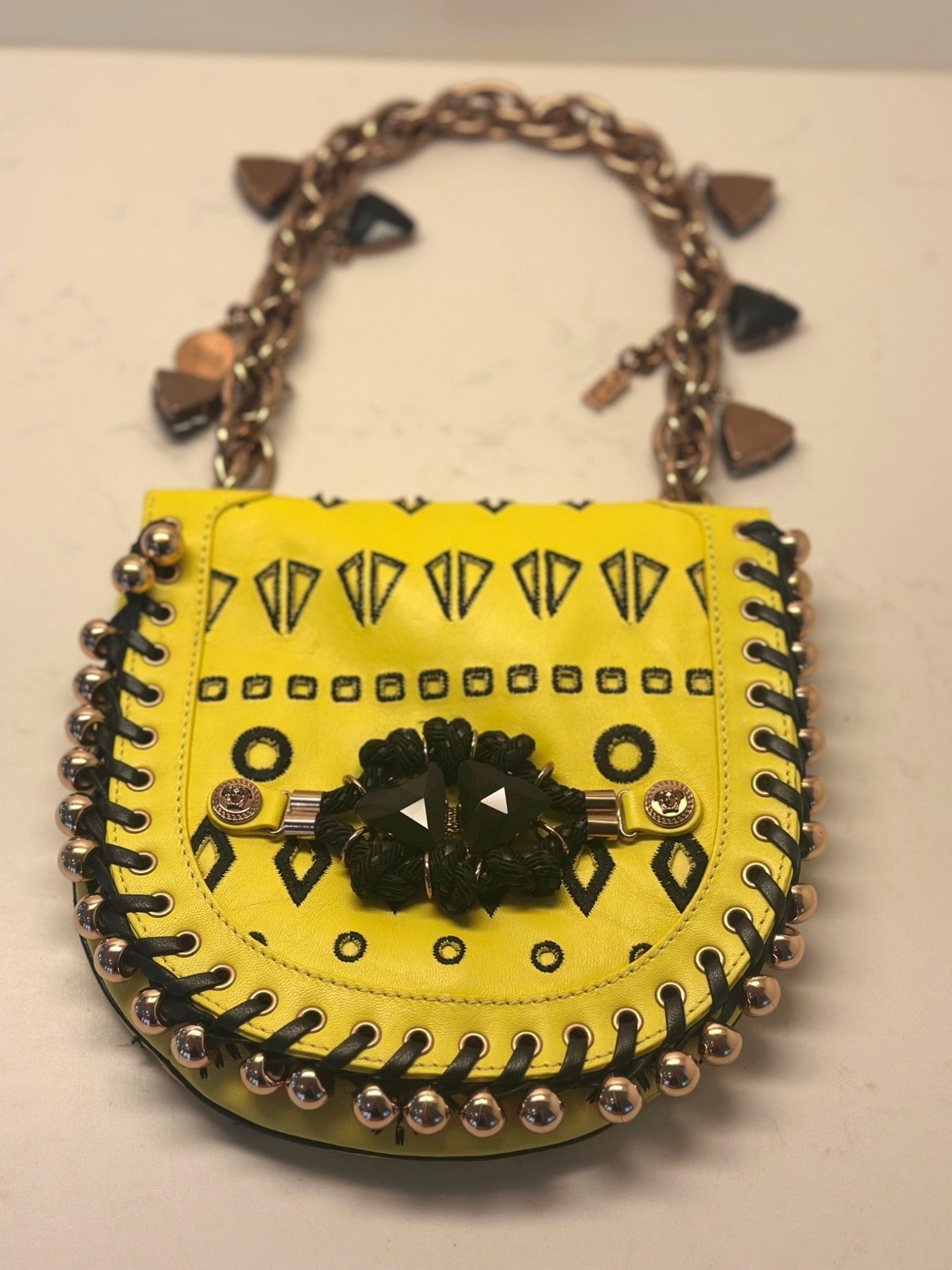 Versace Leather Handbag, NWOT, Yellow with black leather and rose gold chain