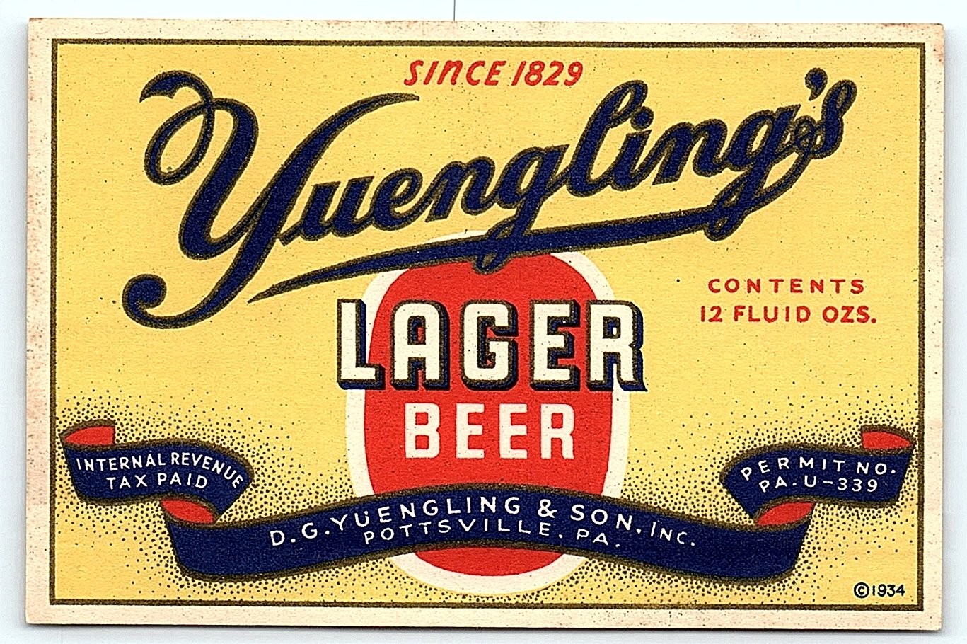 1934 Yuengling\'s Lager Beer 12oz Bottle Label 1934 Yuengling\'s Lager Beer 12oz Bottle Label