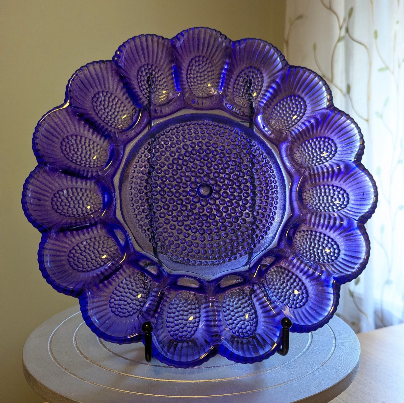 OOAK Artist-Designed Royal Amethyst Glow Vintage Indiana Glass Hobnail Egg Plate