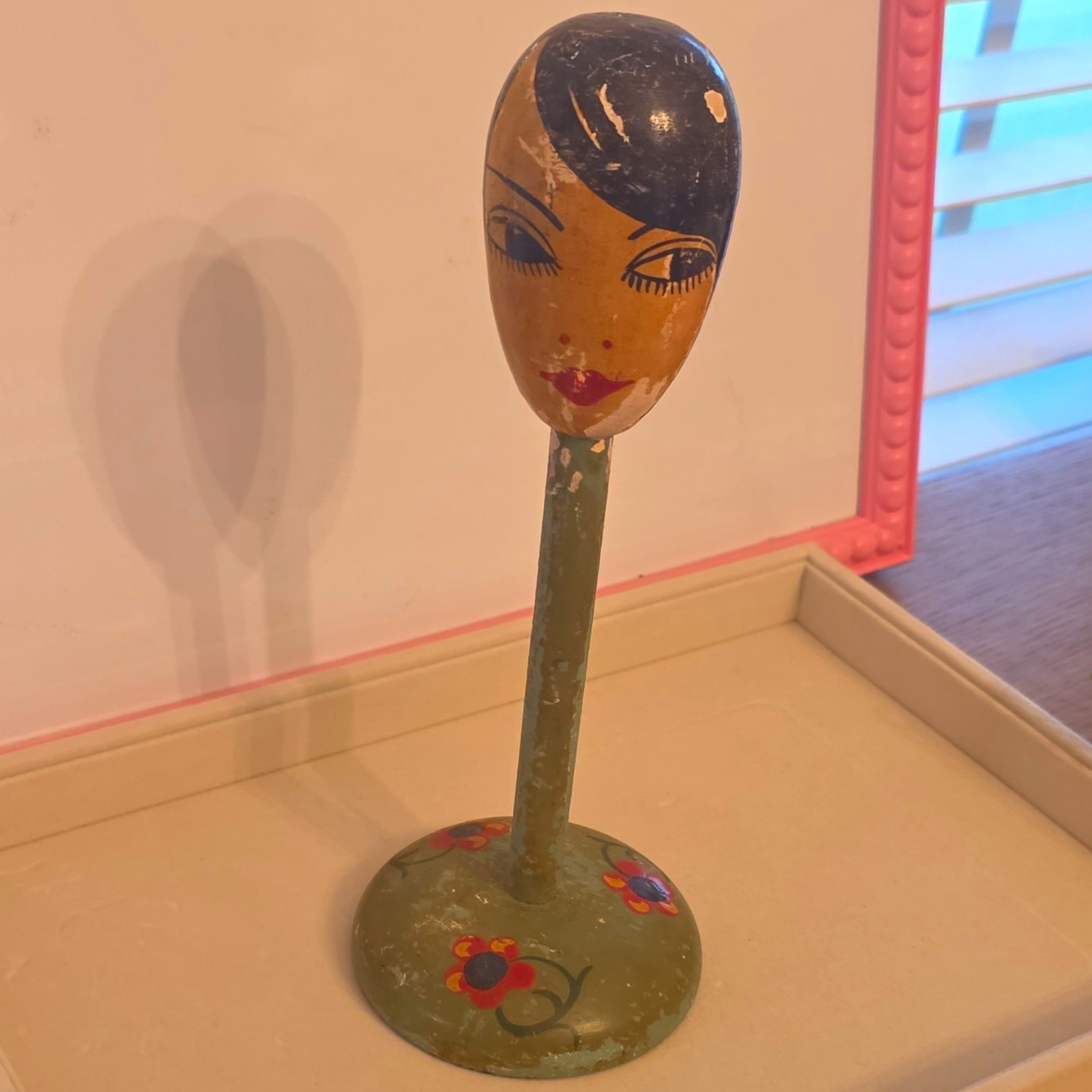 Vintage Hand Painted Wood Female Head Hat/Wig Stand Floral Made in  Germany