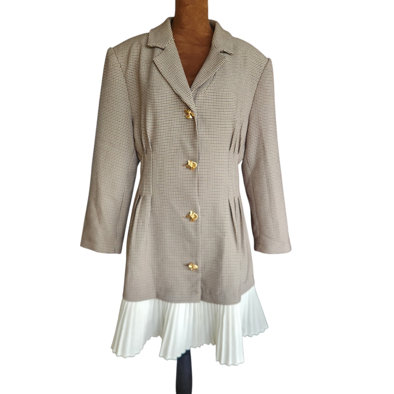 Commense Dress Blazer Size Large Houndstooth Pleated Hem Gold Button Up Commense Dress Blazer Size Large Houndstooth Pleated Hem Gold Button Up