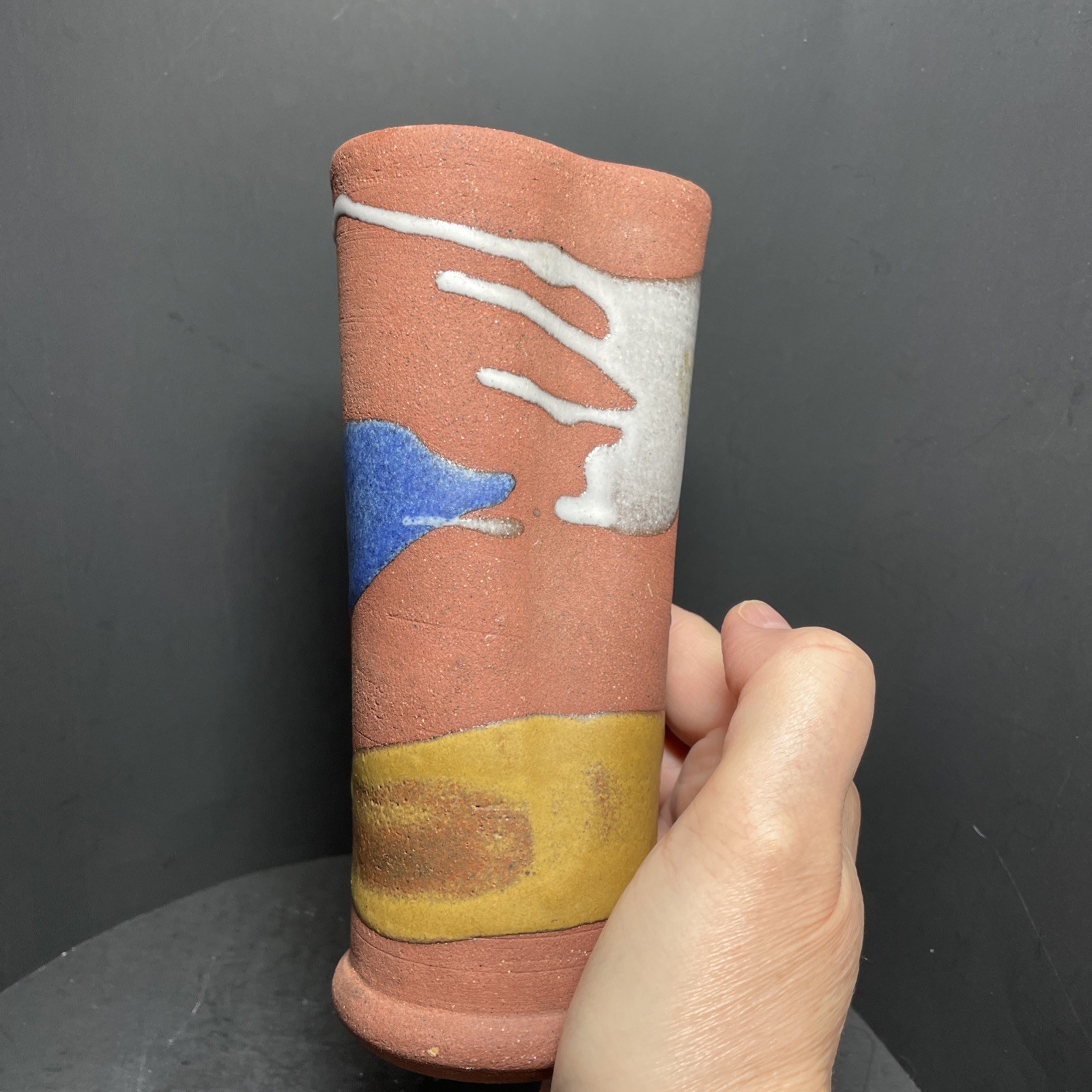Alfa Dom Studio Vase 7.25” Art Abstract Bean Shape Hand Painted  Pottery Signed